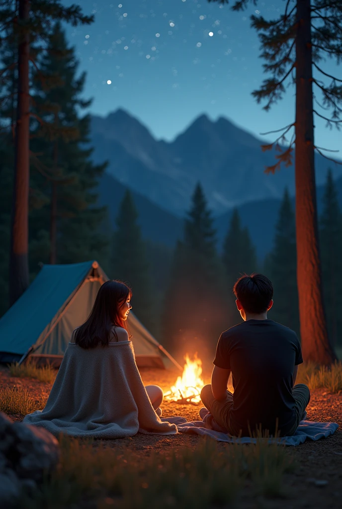 Forest clearing with bonfire, guys sitting around starry night, a guy and a girl are sitting on a log in an embrace