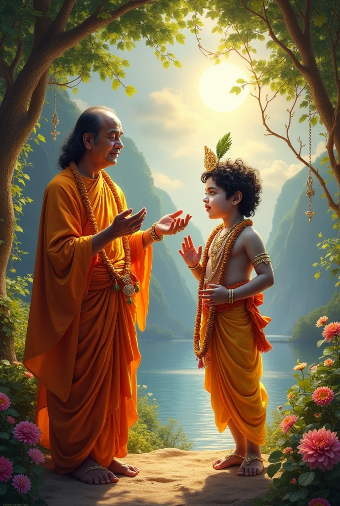 Creat a picture where little krishna meet little buddha and share handi dahe