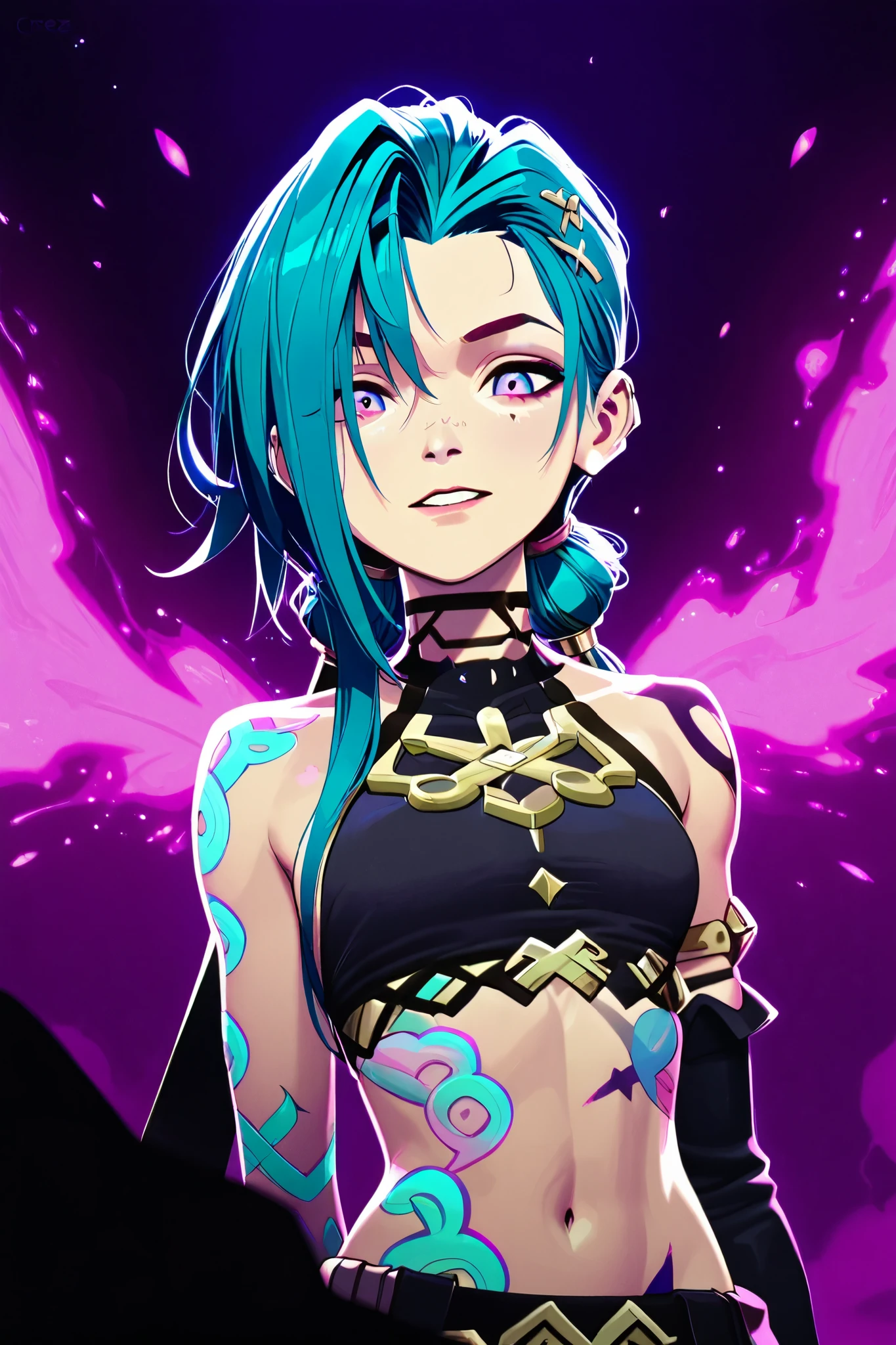 Créez une description créative et ludique d'un personnage inspiré du concept de « Nude Jinx » d'Arcane, une représentation sexy et séduisante tout en mettant l'accent sur ses traits de personnalité, her style and the way she interacts with the world around her . Emphasize her playful nature , her vibrant energy and her unique fashion sense in a light and artistic way.. Make sure the description highlights its role in the story with explicit content.