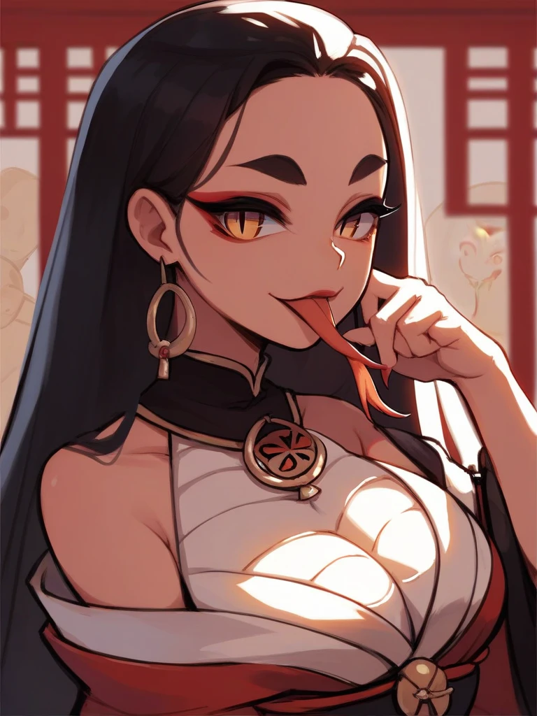 A girl with long loose black hair, crimson red eyes. Deep red lipstick, red eye shadow , portrait, very big breasts, black demon horns, with geisha clothes , big breasts, (arms behind back), 