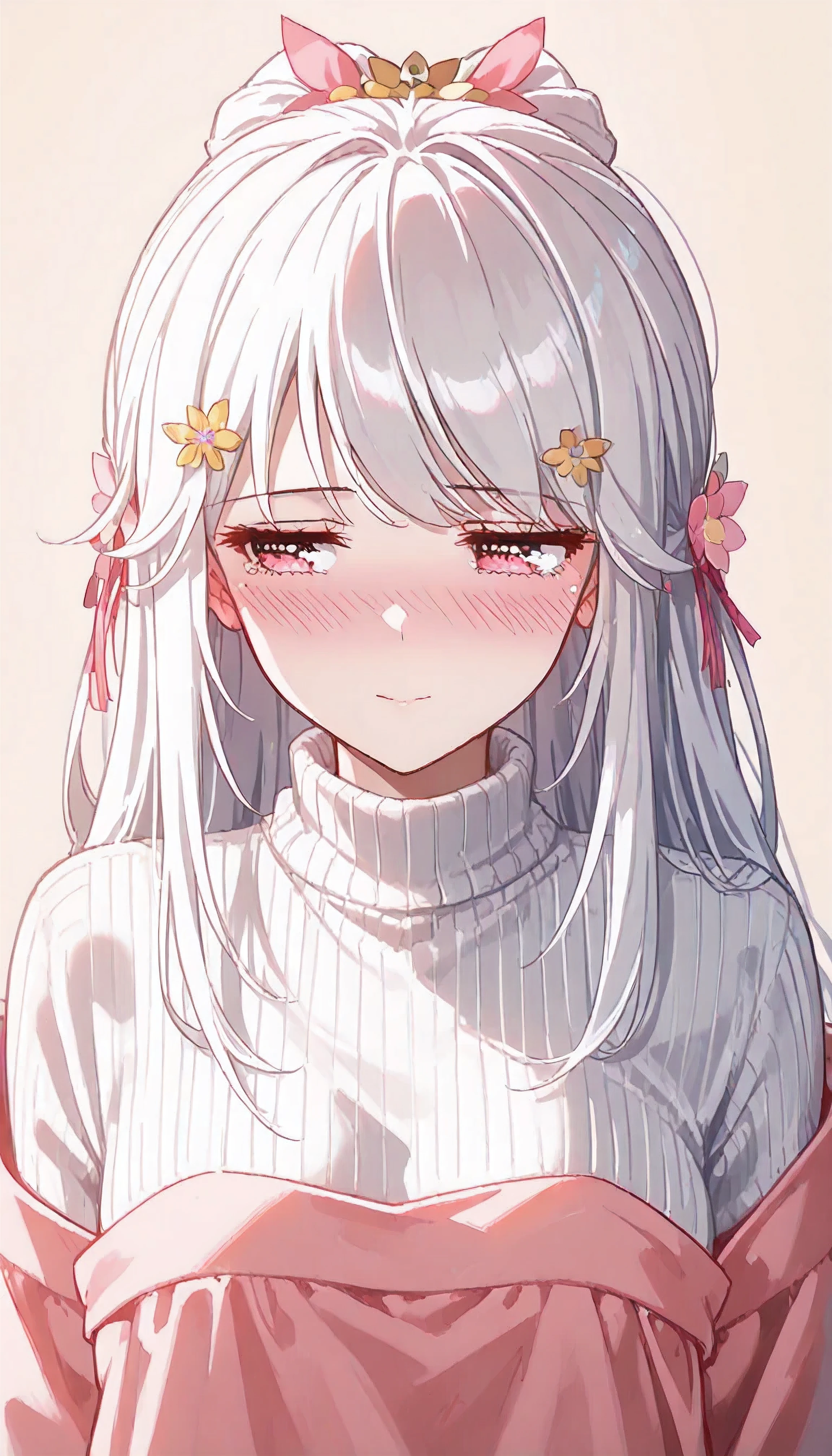 UN\(EOE\),one girl,solo,best quality, masterpiece,score_9, score_8_up, score_7_up,,break,1girl,(standing,beige background,close up,spring theme,sakura), (shaded Lighting),,break, incredibly_absurdres, ,very high resolution, very aesthetic,by famous artist, 8k, 16k,,beauty illustration,photoshop_(large),,(pink eyes:1.2,looking outside),(white hair|Detailed hair|long hair|hairpin|updo),(white and black,off shouldrs,Turtleneck sweater,),(sleepy, embarrassed, shy, ear blush, depressed,jitome,sad smile),,one mole under eye,intense angle, f/16, Canon,upper body,