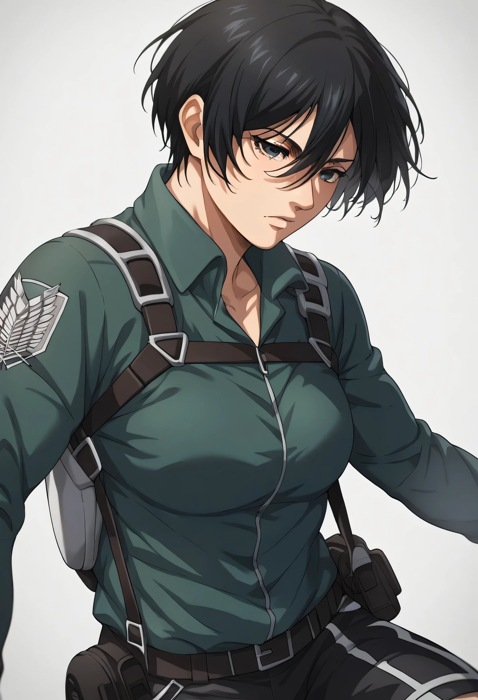 score_9, score_8_up, score_7_up, BREAK source_anime, adult mikasa ackerman, black eyes, black hair, short hair, wearing open green jacket with black sport bra and black sport shorts,in gym