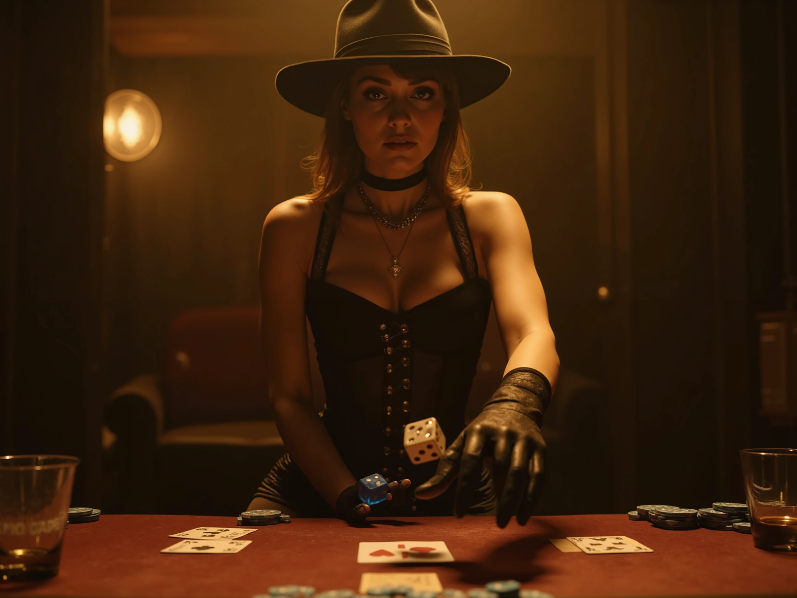  quality and details :

    (8k, HD,  ultra-detailed ,  photorealistic,  masterpiece: 1.3), ( dramatic lighting ,  soft textures ,  cinematic atmosphere ).

 scene and lighting :

     In a smoky back room of an illegal casino, a woman drops two 10-sided dice from her hand onto a poker table — a bright blue,  the other knows .
     The focus is on the moment ,  in which the cubes are out of their hand Glide and float just above the table , While cards ,  chips and glasses enliven the scene .
     The woman is well lit : concealed ,  warm Spotlights immerse them in a golden light ,  that sets her apart from the smoky background .

 character and atmosphere :

     The woman is wearing a stylish Western-inspired outfit with a modern twist — a tight corset ,  plus a matching hat and elegant gloves .
     Her gaze is concentrated ,  controls her posture casually ,  yet ,  as she drops the dice .

Stil und Inspiration:

    An exciting , Realistic scene,  which combines the dynamics of the cubes with the mysterious ,  smoky atmosphere of a secret game .  Every moment is full of details ,  from the falling cubes to their stylish appearance .
