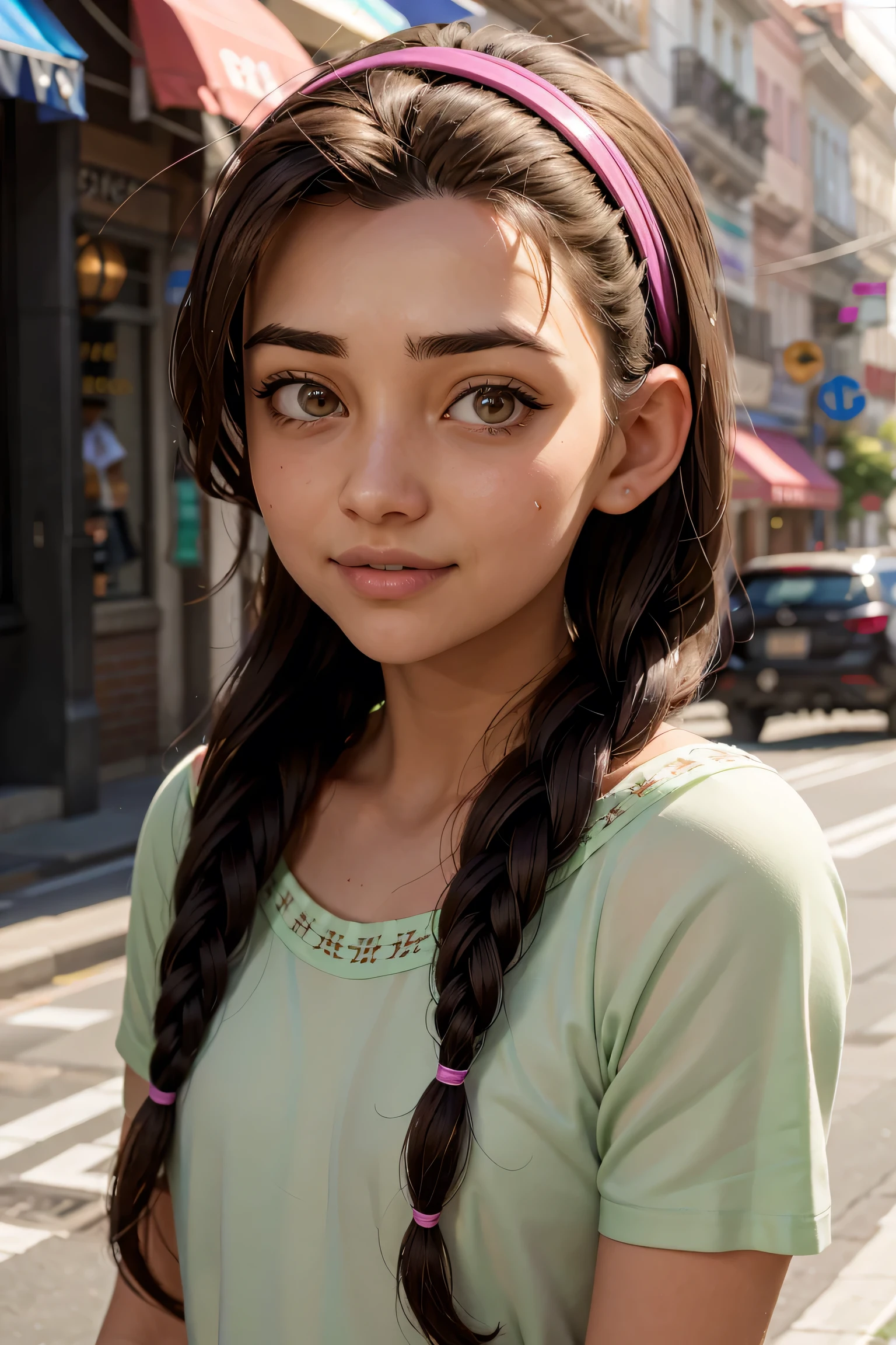 An impressive and intricate full color portrait, Ultra-HD a girl, brown hair with 2 braids, brown eyes, pink headband, detailed face, dressed in a light green t-shirt with embroidery on the neck, no logos, epic character composition, alessio albi, nina masic, sharp focus, natural lighting, subsurface dispersion, f2, 35mm, smile