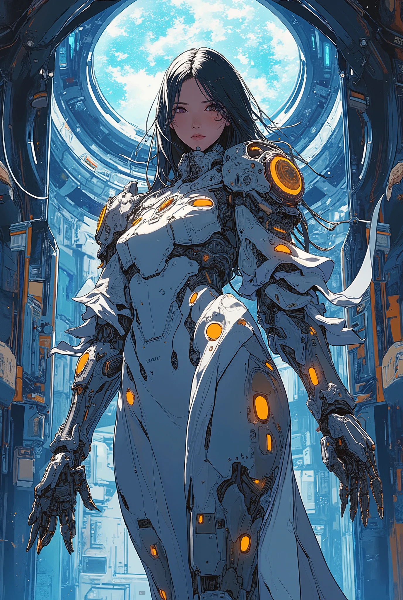 ((Anime style illustration) of (perfect Asian cyberpunk girl))), (((wearing incredibly detailed ornate cyberpunk armour))), ((LED lights)), (shapeless long hair), perfect features, ((((full figure) dynamic pose))), (((starship interior))), abstract beauty, near perfection, pure form, concept art, intricate detail, 8k post-production, High resolution, super Detail, art station Trends, sharp focus, studio photos, intricate detail, Very detailed.