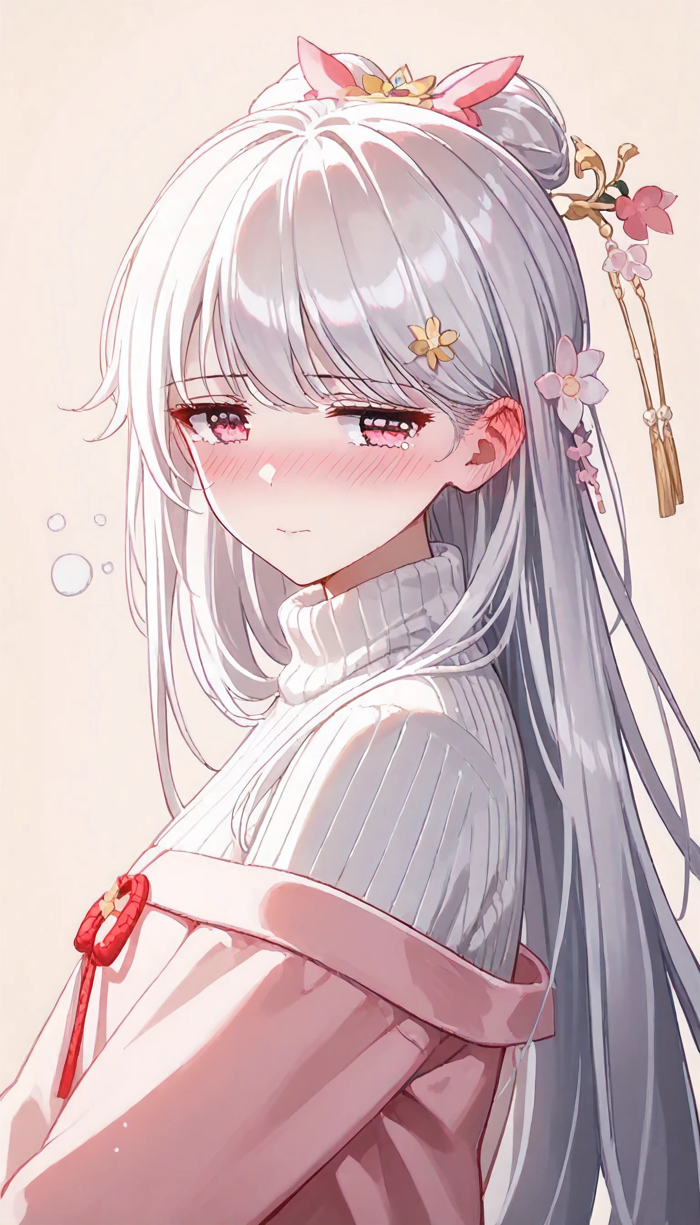 UN\(EOE\),one girl,solo,best quality, masterpiece,score_9, score_8_up, score_7_up,,break,1girl,(standing,beige background,close up,spring theme,sakura,from behind ,looking back), (shaded Lighting),,break, incredibly_absurdres, ,very high resolution, very aesthetic,by famous artist, 8k, 16k,,beauty illustration,photoshop_(large),,(pink eyes:1.2,looking outside),(white hair|Detailed hair|long hair|hairpin|updo),(off shouldrs,white Turtleneck sweater,),(sleepy, embarrassed, shy, ear blush, depressed,jitome,sad smile),,one mole under eye,intense angle, f/16, Canon,upper body,