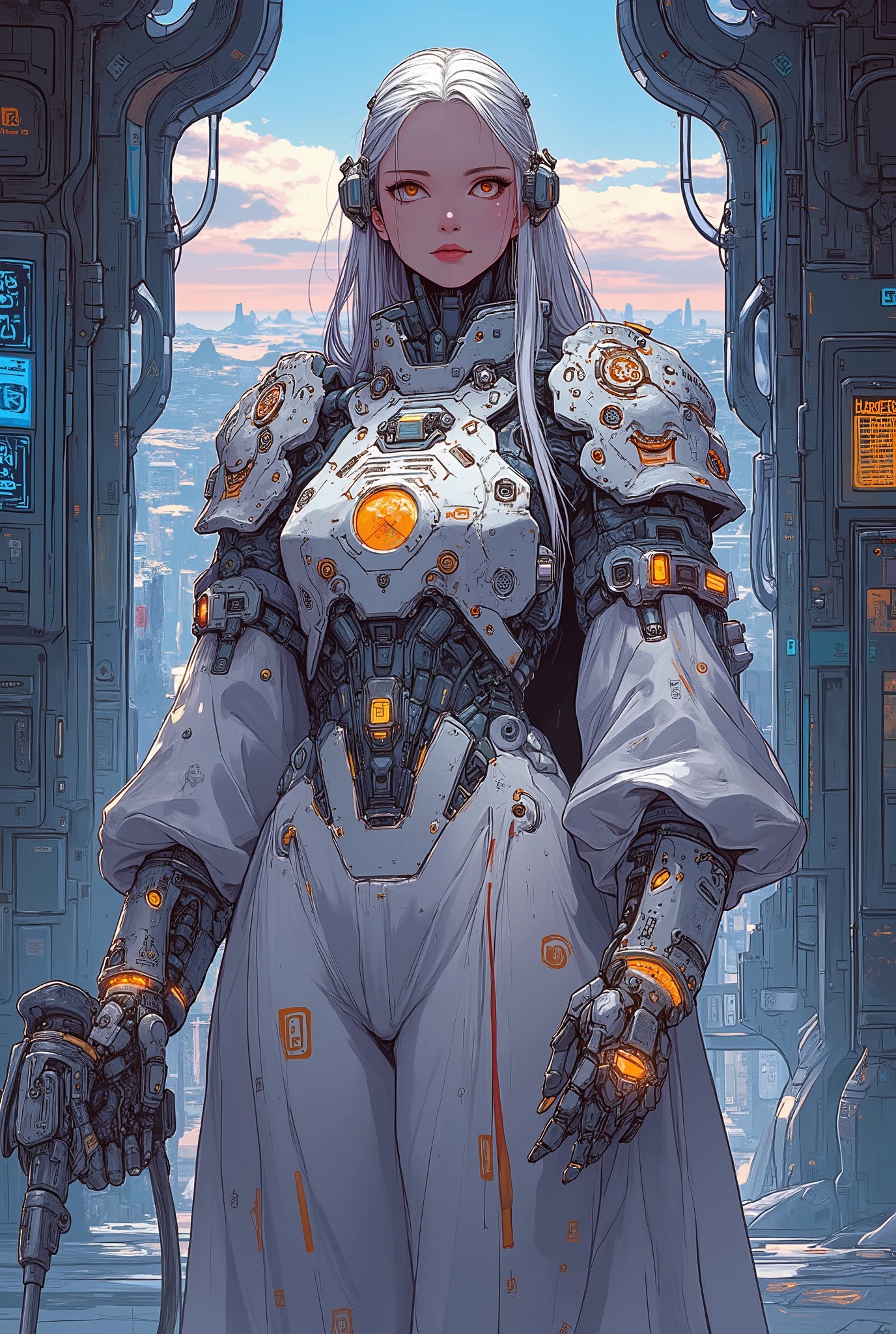((Anime style illustration) of (perfect Asian cyberpunk girl))), (((wearing incredibly detailed ornate cyberpunk armour))), ((LED lights)), (shapeless long hair), perfect features, ((((full figure) dynamic pose))), (((starship interior))), abstract beauty, near perfection, pure form, concept art, intricate detail, 8k post-production, High resolution, super Detail, art station Trends, sharp focus, studio photos, intricate detail, Very detailed.