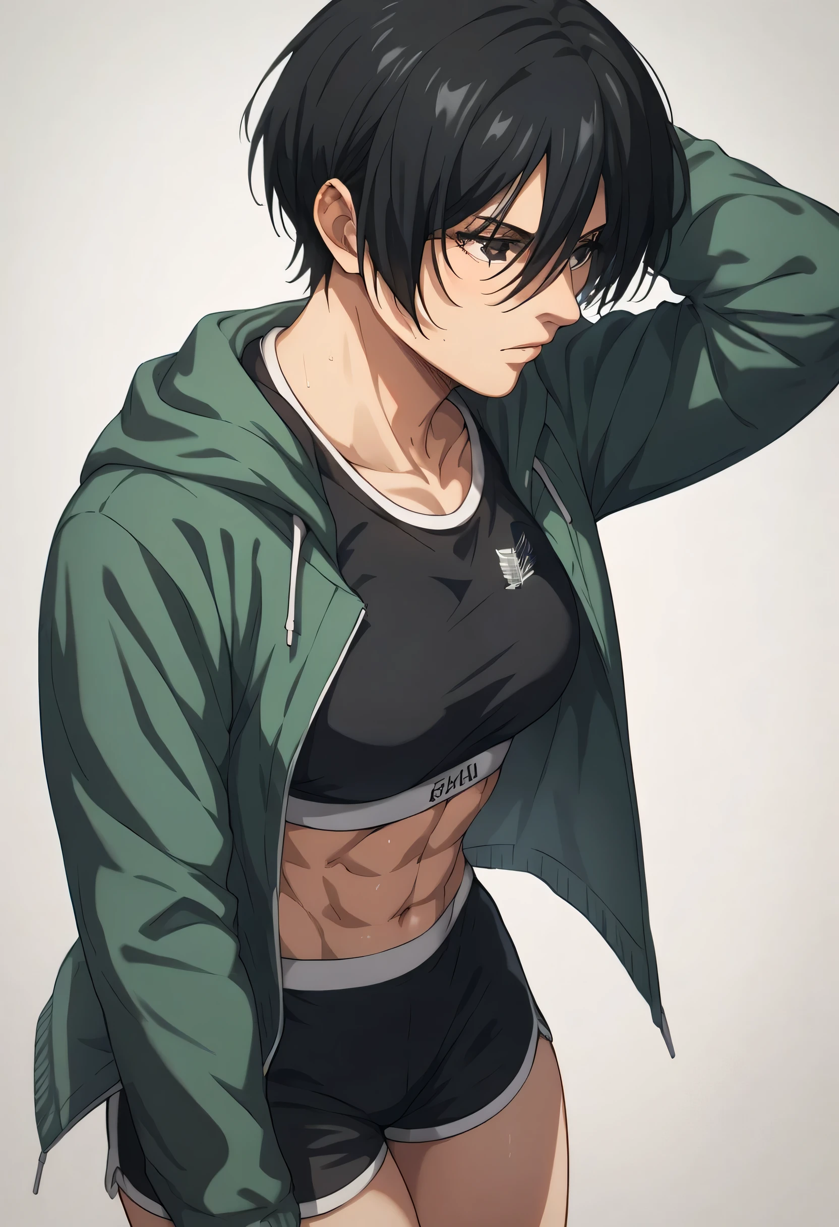score_9, score_8_up, score_7_up, BREAK source_anime, adult mikasa ackerman, black eyes, black hair, short hair, wearing open green jacket with black sport bra and black sport shorts,in gym