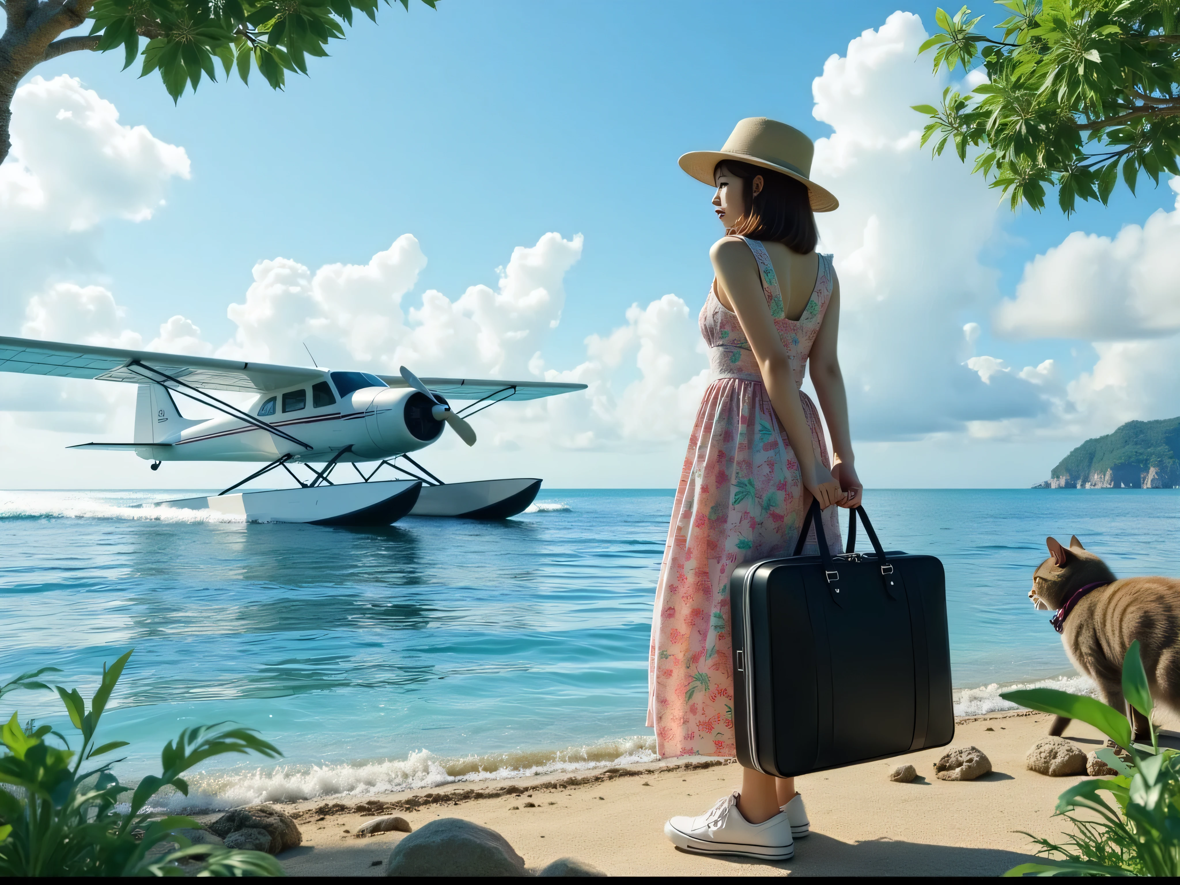 ultra-realistic, photorealistic, dramatic scene, shadow, global-illumination, solo, 1 girl\( 20 years old Japanese beautiful girl, beautiful with cute face, wearing a cute patterned one-piece dress with long skirt, pastel camisole, shoulder-length brown hair, accessories, simple sneaker, elegant hat\), 1 human-like giant black cat\( human-like giant black cat, bow tie, wearing a conservative aloha-shirt, slight taller than the girl, with her, wearing an dark colored aloha-shirt, holding a large suits case, little chubby\), the girl and human-like giant black cat are standing at the private flying boat port, (there is a flying boat with single propeller and equipped wing-mounted floats taking off from the sea), monoplane