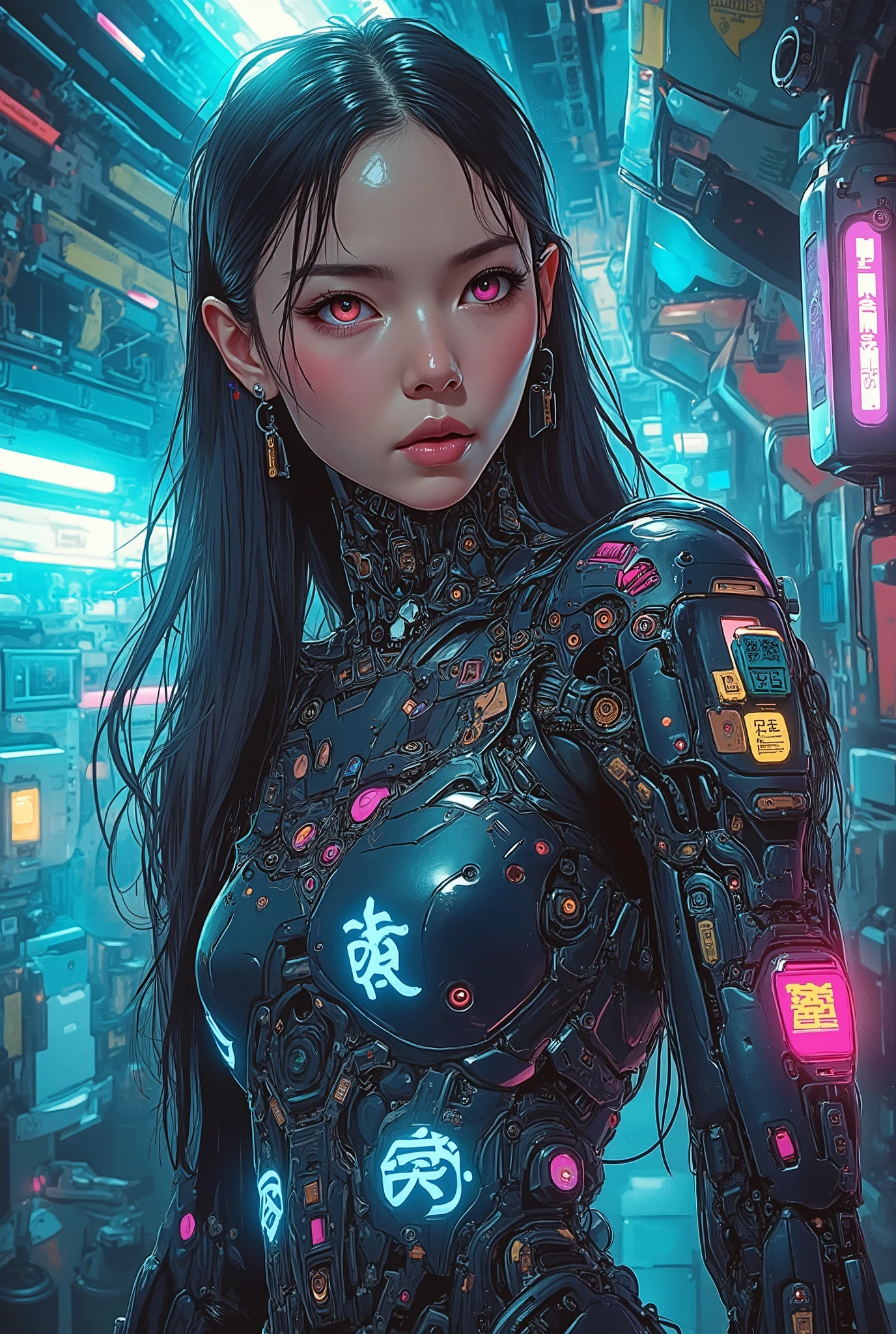 ((Airbrush art style painting)) of (perfect Asian cyberpunk girl))), (((wearing incredibly detailed ornate cyberpunk armour))), ((LED lights)), (shapeless long hair), perfect features, ((((full figure) dynamic pose))), (((starship interior))), abstract beauty, near perfection, pure form, concept art, intricate detail, 8k post-production, High resolution, super Detail, art station Trends, sharp focus, studio photos, intricate detail, Very detailed.