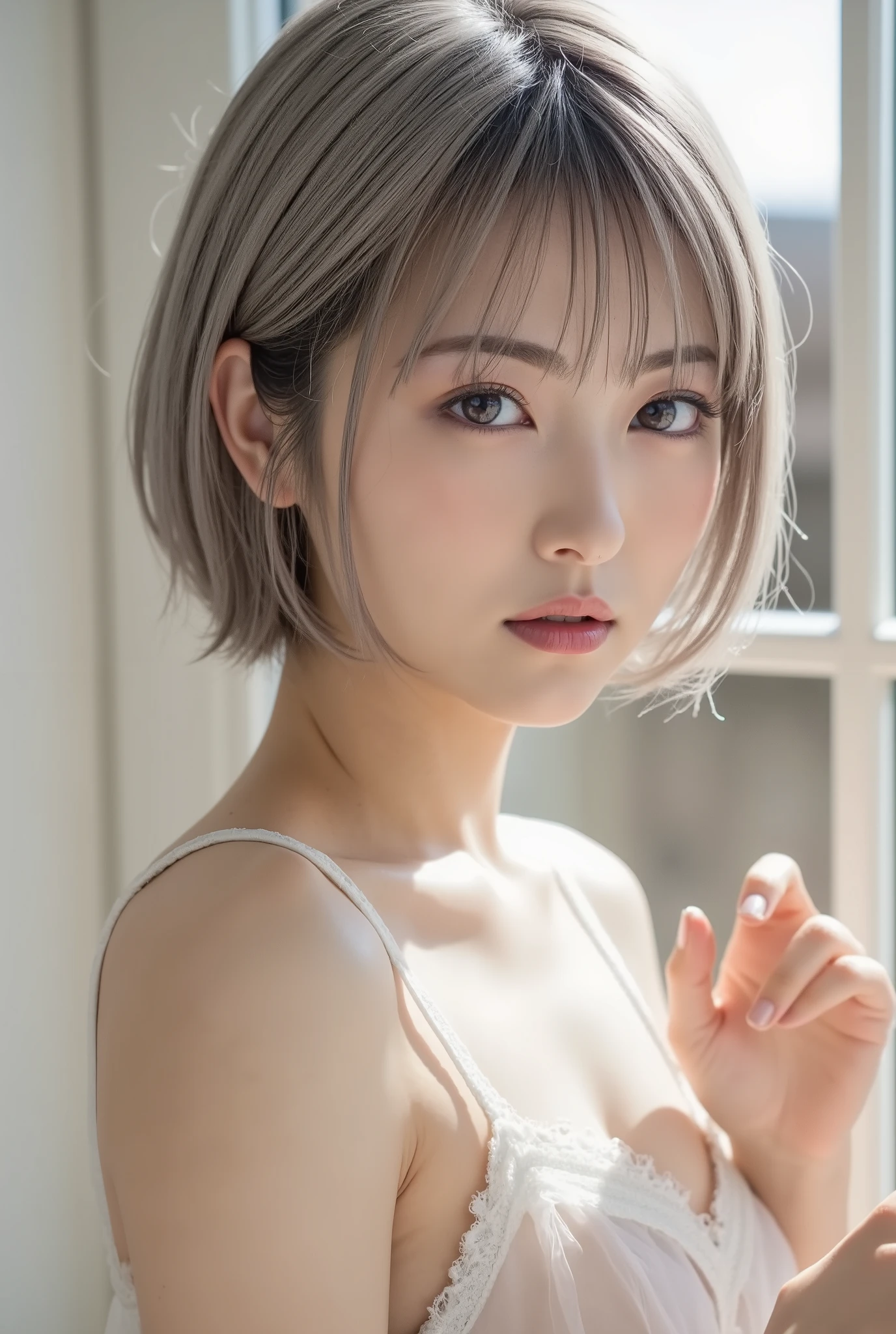 Attractive Japanese Beauties Wearing Clear Clothes, 1 woman、Photograph the whole body、 small, flat chest 、Beautiful Makeup、((Neikit:1.5))、Short bob cut for gray hair、