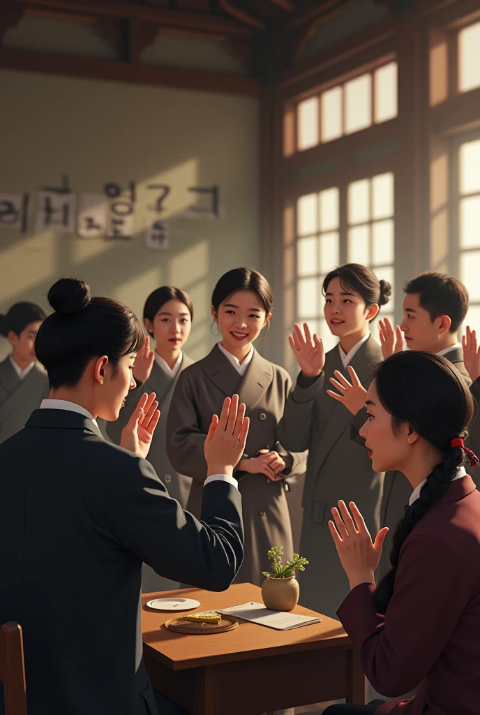 Korean Deaf People speak in Sign language at Seoul National School for the Deaf in 1900s image.