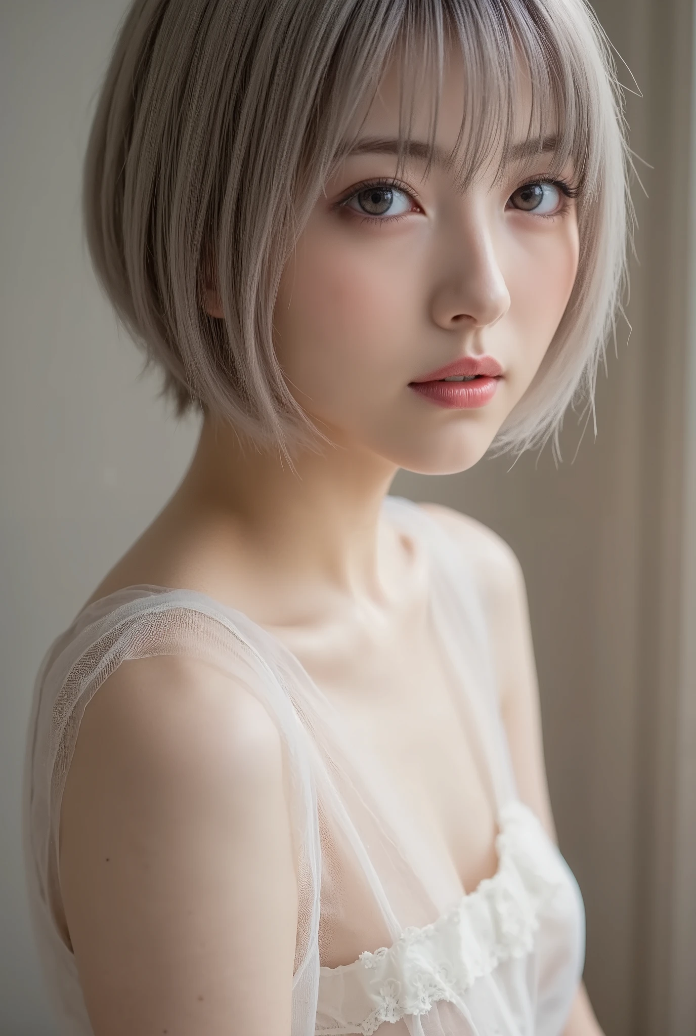 Attractive Japanese Beauties Wearing Clear Clothes, 1 woman、Shot above thigh 、 small, flat 、Beautiful Makeup、Neikit、Short bob cut for gray hair、