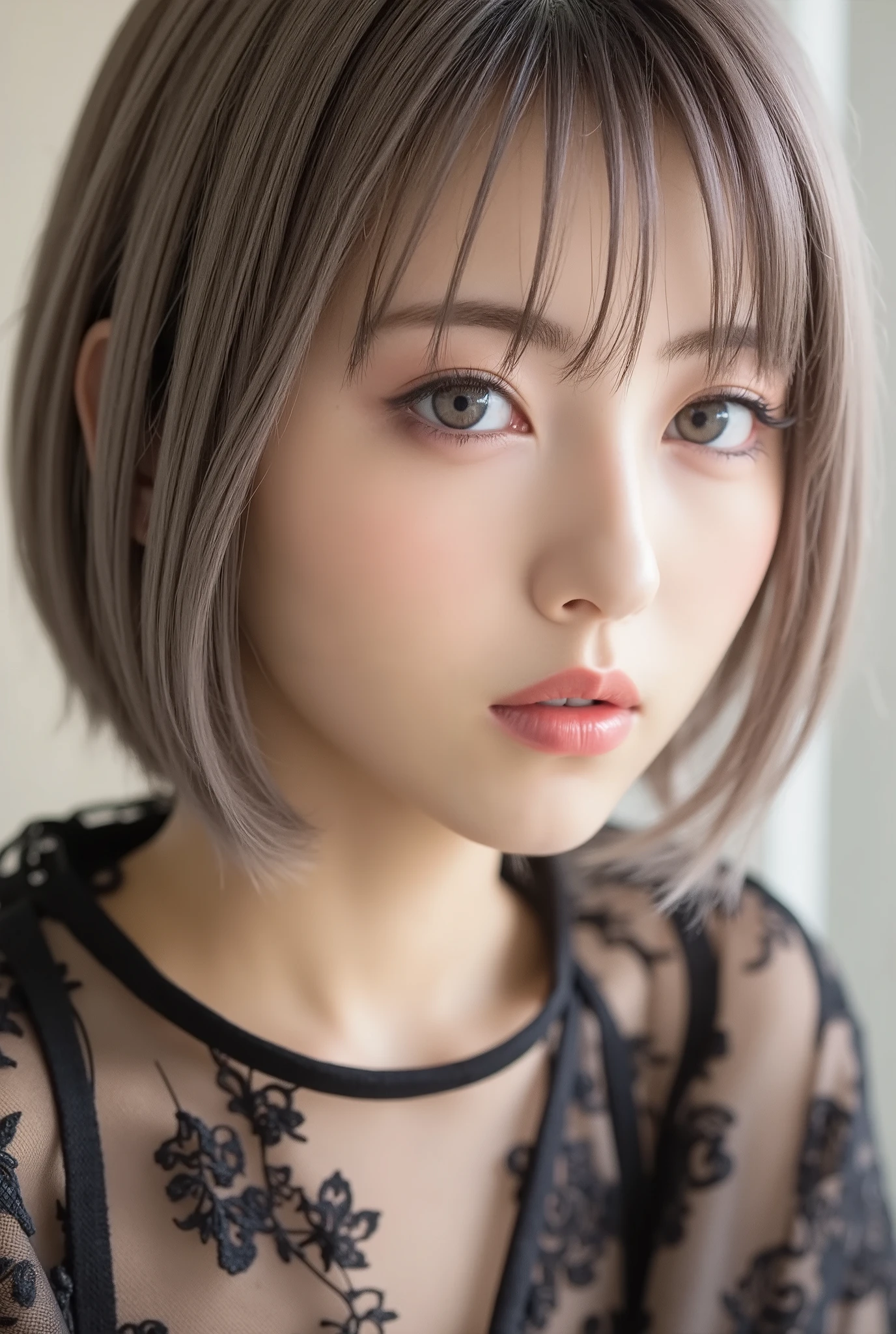 Attractive Japanese Beauties Wearing Clear Clothes, 1 woman、Shot above thigh 、 small, flat chest 、Beautiful Makeup、Neikit、Short bob cut for gray hair、