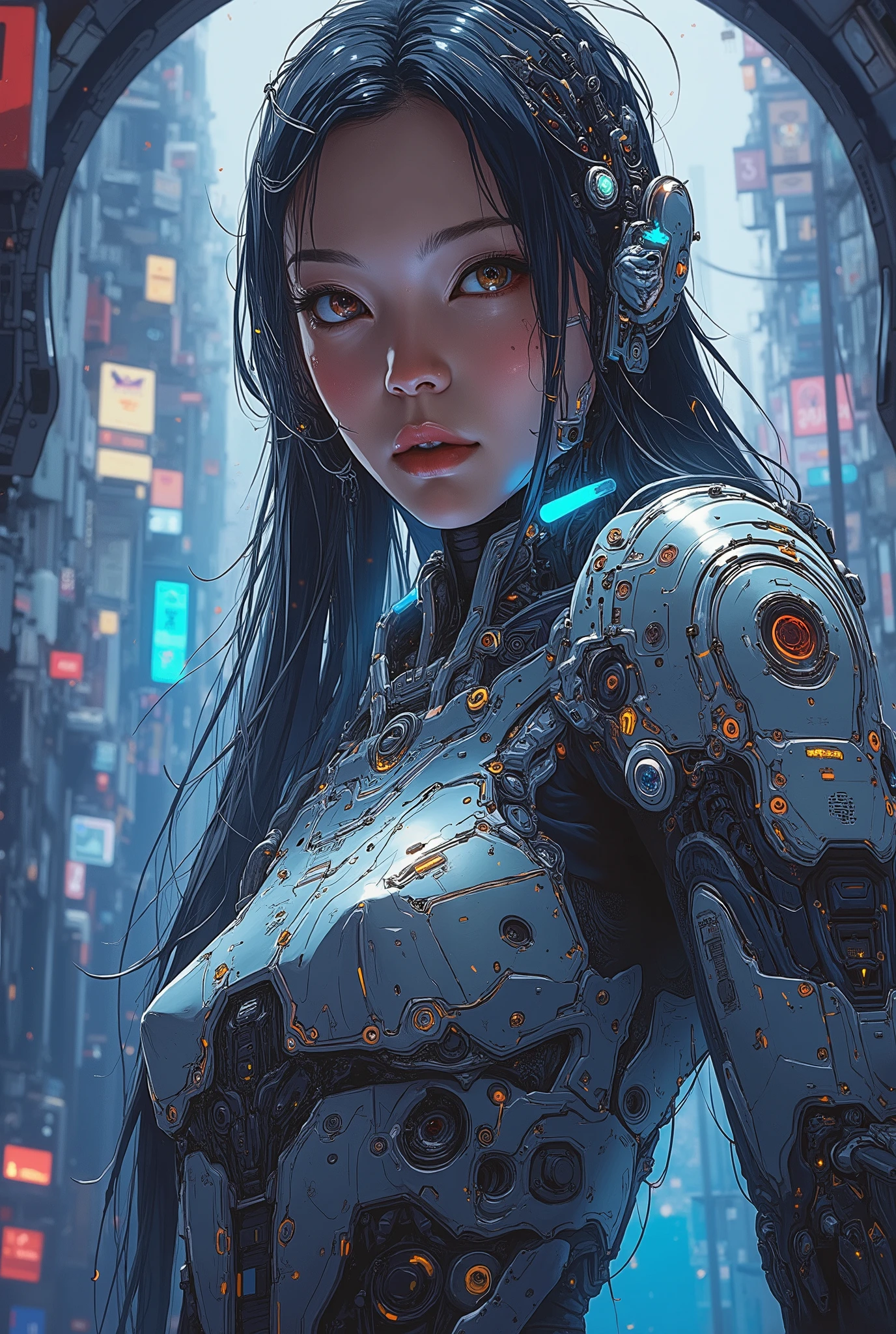 ((Airbrush art style painting)) of (perfect Asian cyberpunk girl))), (((wearing incredibly detailed ornate cyberpunk armour))), ((LED lights)), (shapeless long hair), perfect features, ((((full figure) dynamic pose))), (((starship interior))), abstract beauty, near perfection, pure form, concept art, intricate detail, 8k post-production, High resolution, super Detail, art station Trends, sharp focus, studio photos, intricate detail, Very detailed.