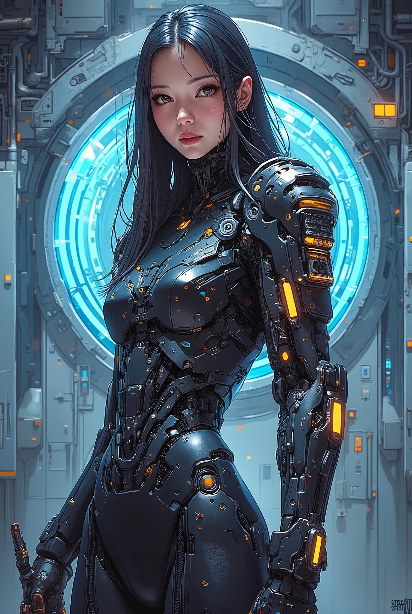((Airbrush art style painting)) of (perfect Asian cyberpunk girl))), (((wearing incredibly detailed ornate cyberpunk armour))), ((LED lights)), (shapeless long hair), perfect features, ((((full figure) dynamic pose))), (((starship interior))), abstract beauty, near perfection, pure form, concept art, intricate detail, 8k post-production, High resolution, super Detail, art station Trends, sharp focus, studio photos, intricate detail, Very detailed.
