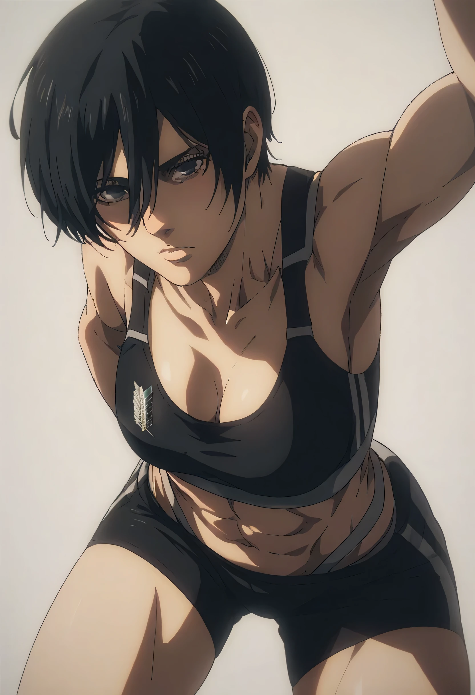 score_9, score_8_up, score_7_up, BREAK source_anime, mature mikasa ackerman, black eyes, black hair, short hair, wearing with black sport bra and black sport shorts