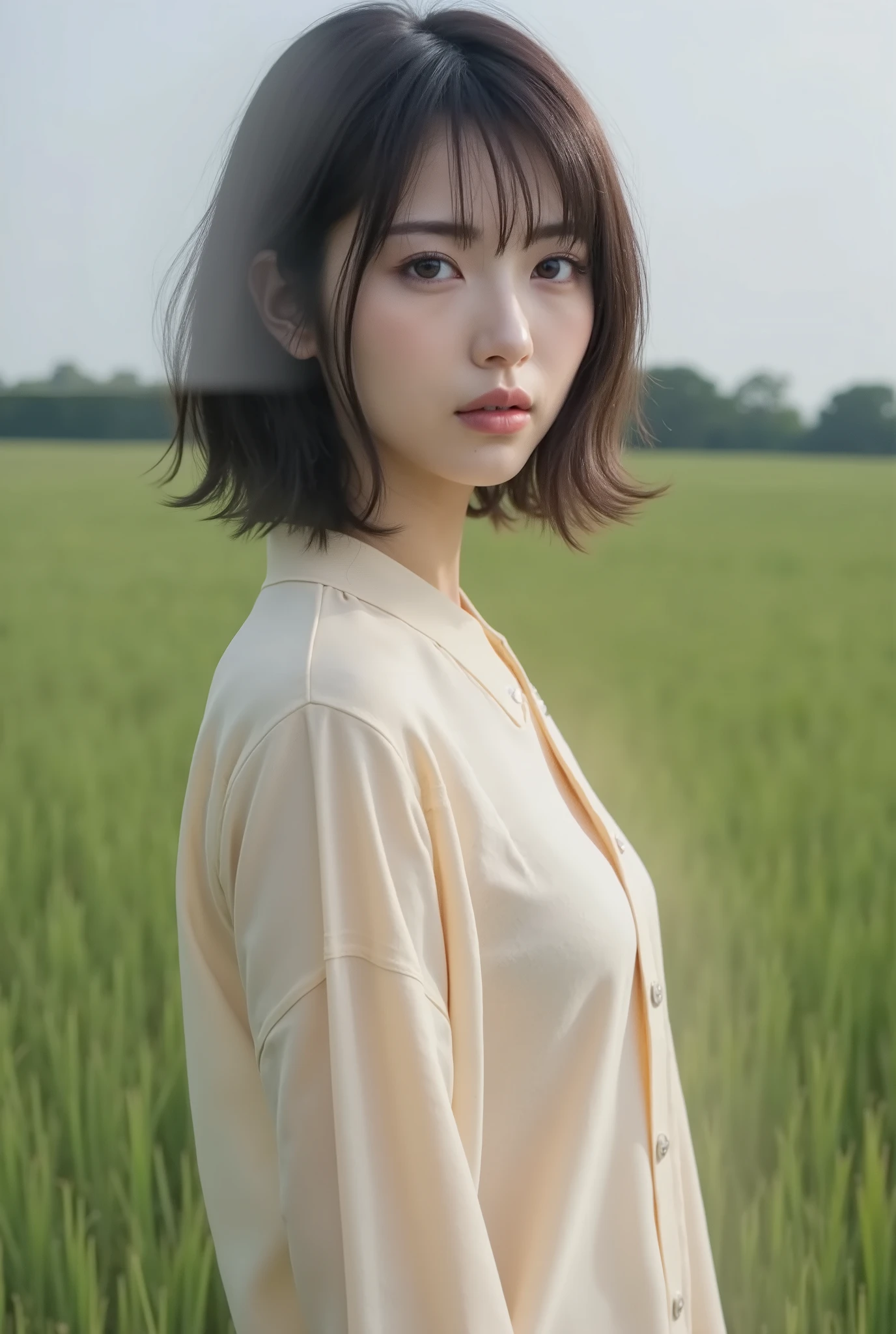Beautiful Japanese Girl , ((Beautiful Makeup))、 1 girl, Surrender, Double Exposure , short hair , beautiful super slim young video , soft focus , small flat chest size , Super beautiful breasts, beautiful long legs ,Standing on a prairie in early summer , Super slim arms, super slim thighs , Super slim legs, Ultra slim perfect body , Ultra-detailed nipples visible, Her Bones and Ribs , super slim perfect body with big shirt , not wearing anything , naked, super detailed full body view photo