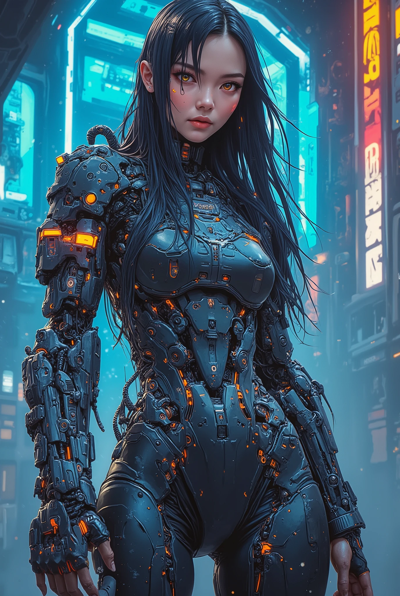 ((Airbrush art style painting)) of (perfect Asian cyberpunk girl))), (((wearing incredibly detailed ornate cyberpunk armour))), ((LED lights)), (shapeless long hair), perfect features, ((((full figure) dynamic pose))), (((starship interior))), abstract beauty, near perfection, pure form, concept art, intricate detail, 8k post-production, High resolution, super Detail, art station Trends, sharp focus, studio photos, intricate detail, Very detailed.