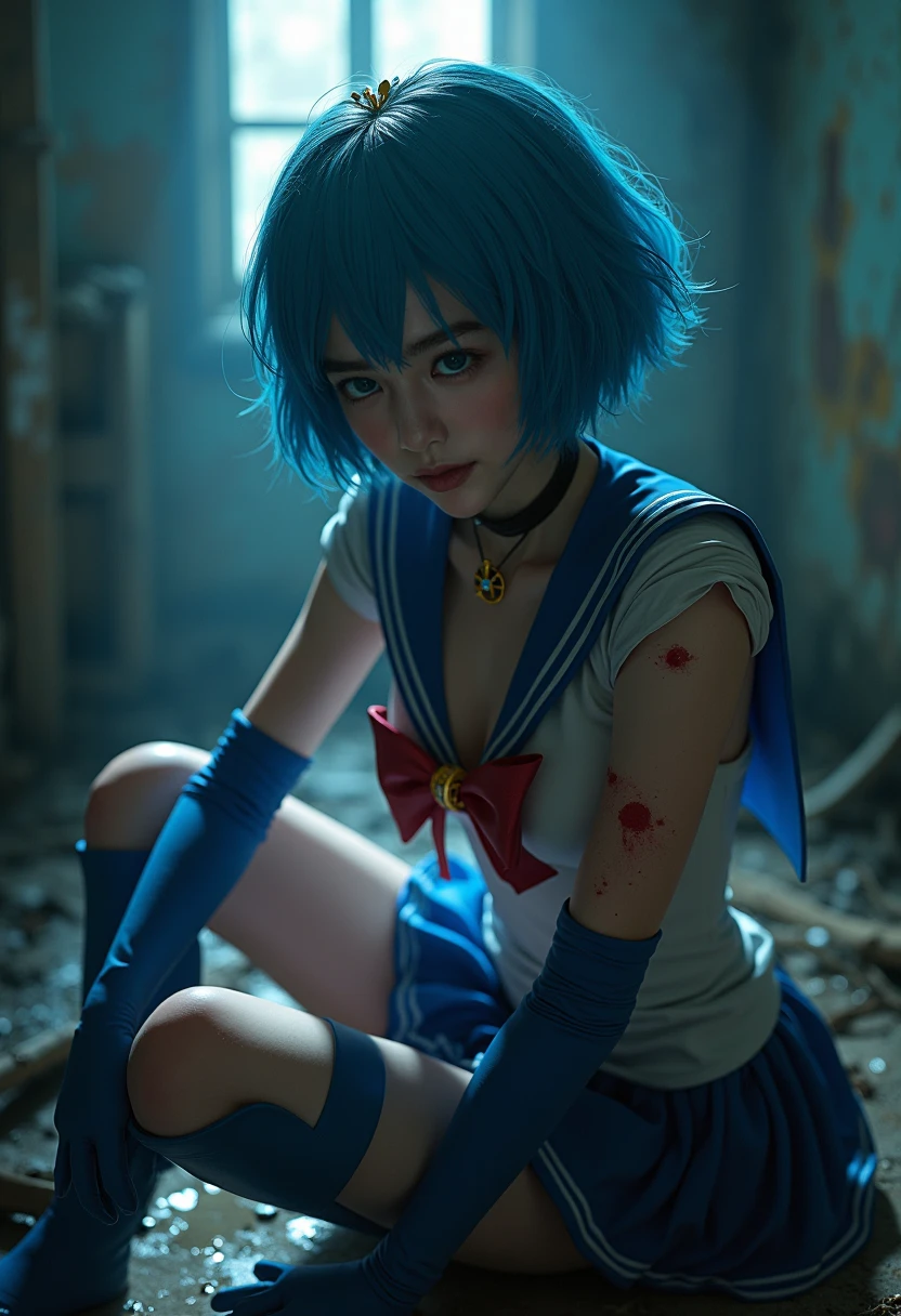 (masterpiece), (RAW photo, top quality), Ultra High Definition, Professional Artwork, Ultra Detailed, Complex, Detailed Face, Perfect Lighting, (1 Girl, Solo: 1.2), Chest, Gloves, Lips, Solo, (Sailor Moon: 2.1) ((Ami Mizuno / Sailor Crystal, Sailor Mercury), Blue Eyes, SM Uniform, mer1, Tiara, Sailor Senshi Uniform, , Absurd, Sexy, floating short blue hair, blue sailor collar, bow, (barefoot: 1.1), choker, white gloves, blue choker, elbow gloves, jewelry, earrings, blue skirt, full body, blue hair, (perfect hands): 3.8, (perfect_anatomy: 1.2), octane rendering, divinity of water, (crying, weak and tired eyes, tears: 1.2), ( Bruises and blood stains on the face and body, blood flowing from the head and face, injuries and injuries on the body, wounds and cuts, bleeding lips: 1.3), (torn clothes, tattered clothes: 1.5), blood stains on clothes, (kneeling weakly: 1.2), (in an abandoned factory), disheveled hair, tired and weak face, (perfect body, perfect, perfect thighs), wet body, sweaty body, ((muddy feet, muddy skin, bloody skin: 1.3)), ( film lighting), soft lighting, complex and cinematic appearance, cinematic lighting, dynamic angles