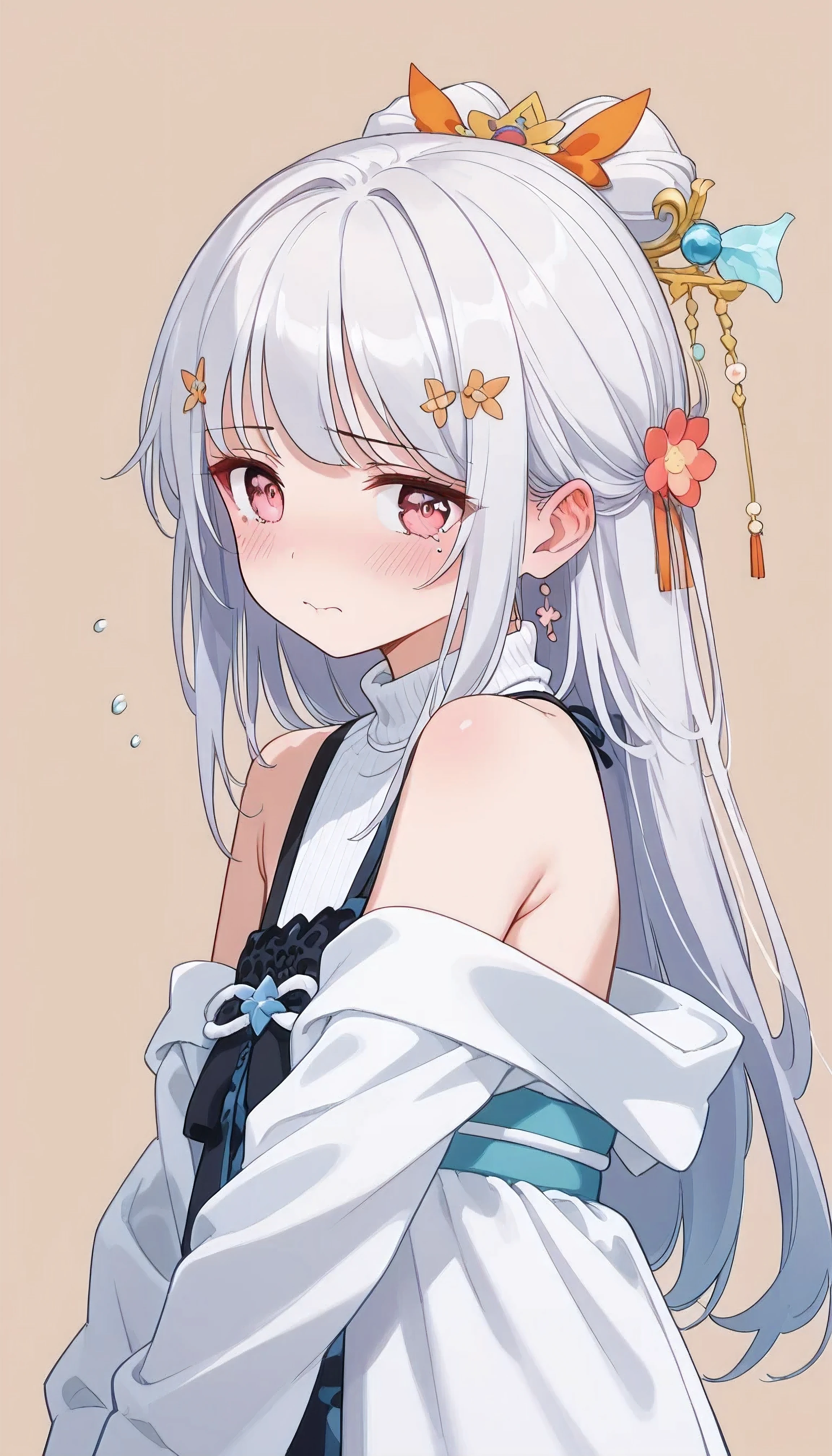 UN\(EOE\),one girl,solo,best quality, masterpiece,score_9, score_8_up, score_7_up,,break,1girl,(standing,beige background,spring theme,sakura,from behind ,looking back), (shaded Lighting),,break, incredibly_absurdres, ,very high resolution, very aesthetic,by famous artist, 8k, 16k,,beauty illustration,photoshop_(large),,(pink eyes:1.2,looking outside),(white hair|Detailed hair|long hair|hairpin|updo),(white Turtleneck sweater,off shoulders),(sleepy, embarrassed, shy, ear blush, depressed,jitome,sad smile),,one mole under eye,intense angle, f/16, Canon,upper body,