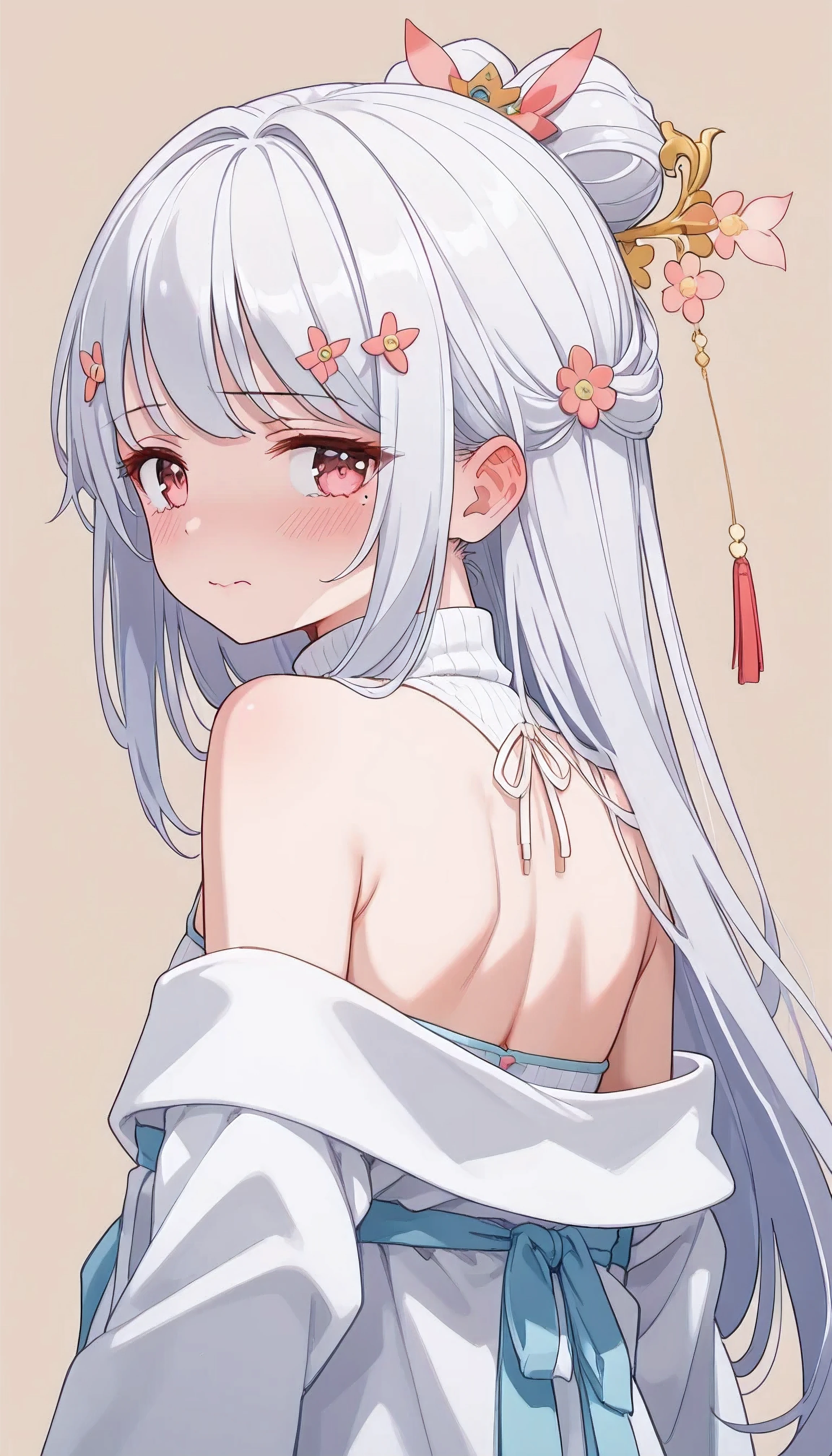 UN\(EOE\),one girl,solo,best quality, masterpiece,score_9, score_8_up, score_7_up,,break,1girl,(standing,beige background,spring theme,sakura,from behind ,looking back), (shaded Lighting),,break, incredibly_absurdres, ,very high resolution, very aesthetic,by famous artist, 8k, 16k,,beauty illustration,photoshop_(large),,(pink eyes:1.2,looking outside),(white hair|Detailed hair|long hair|hairpin|updo),(white Turtleneck sweater,off shoulders),(sleepy, embarrassed, shy, ear blush, depressed,jitome,sad smile),,one mole under eye,intense angle, f/16, Canon,upper body,