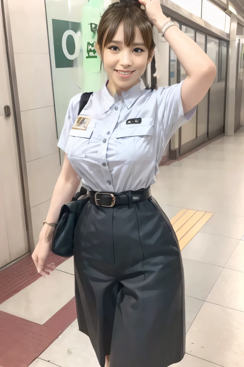 (Masterpiece:1.2, best quality :1.2), 32kHDR, high resolution, (Alone、 1 girl)、(Rooftop of a building during the day、 professional lighting)、Building rooftop background、( TOKYO SUBWAY WOMAN CREW UNIFORM REAL STYLE WOMAN CREW UNIFORM 6 )、(TOKYO SUBWAY WOMAN CREW UNIFORM BLOUSE SHORT SLEEVE 、 Knee-length culottes skirt、Waist belt)、、 dark brown hair 、( hair gathered、 hair bang)、 dark brown hair 、Long Hit、 big breasted、Thin legs、(( amazing hands:2.0)),((harmonious body proportions:1.5)),((Normal limbs:2.0)),((Usually refers to:2.0)),(( Delicate Eyes:2.0)),((Normal eyes:2.0)))、smile、(Tokyo Subway woman crew uniform Knee-length culottes skirtを見せた美しい立ち姿) 、Hands crossed underneath