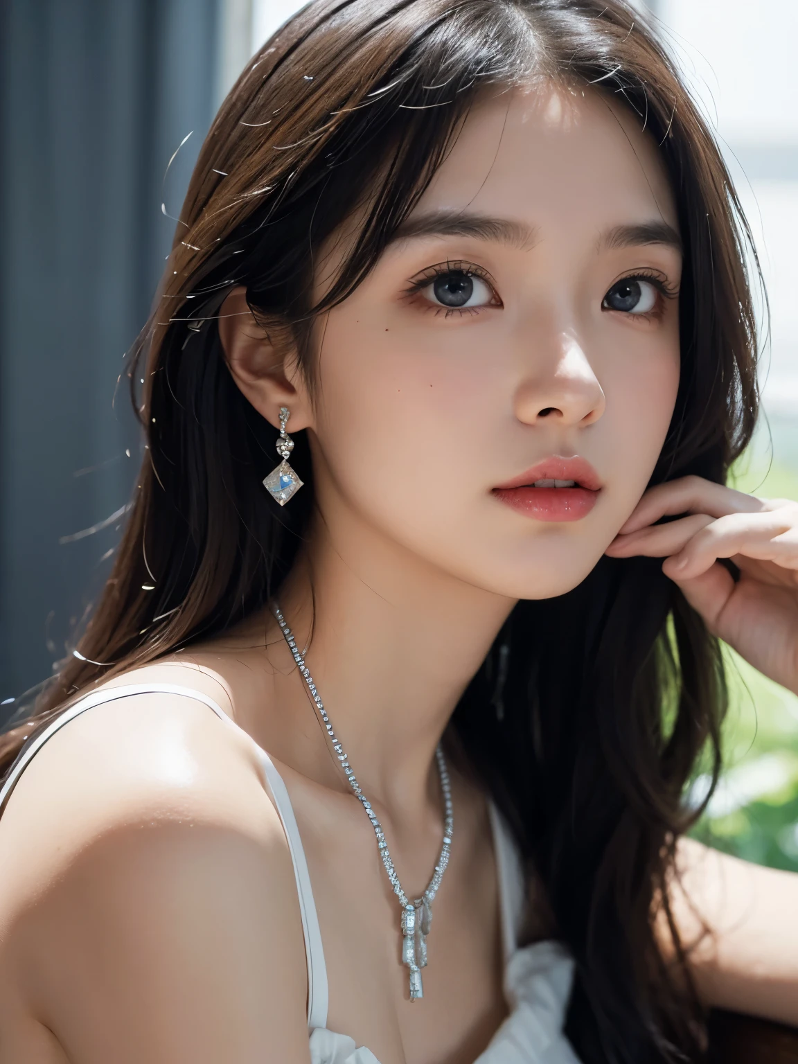 (Best quality, 8k, 32k, Masterpiece, UHD:1.2),Photo of Pretty Japanese woman, large breasts, very long bob hair,upper body,face focus,(oversized_sweater,:1.1) necklace, simple background, looking at viewer, leaning forward,