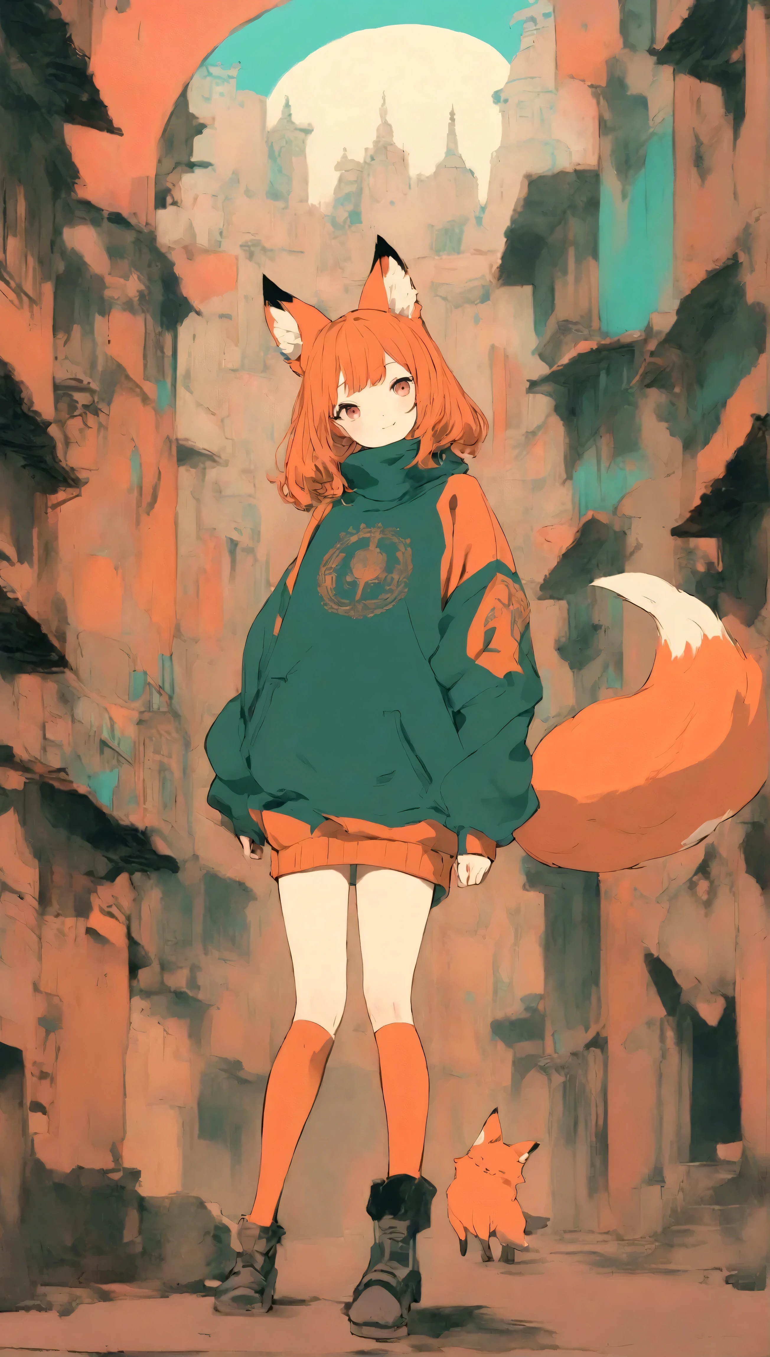Quite strong deformation、 cute anime girl with small head and body 、 cute fox ear smile 、Bold poses、 As cute as a dream 、Sickly cute、 simple oversized pullover 、 knee-high socks 、Ancient city background 、 poster style 、flat-colors、 Carefully calculated 、 arranged motifs 、HIGH QUALITY DESIGN 、 kitschy aesthetics