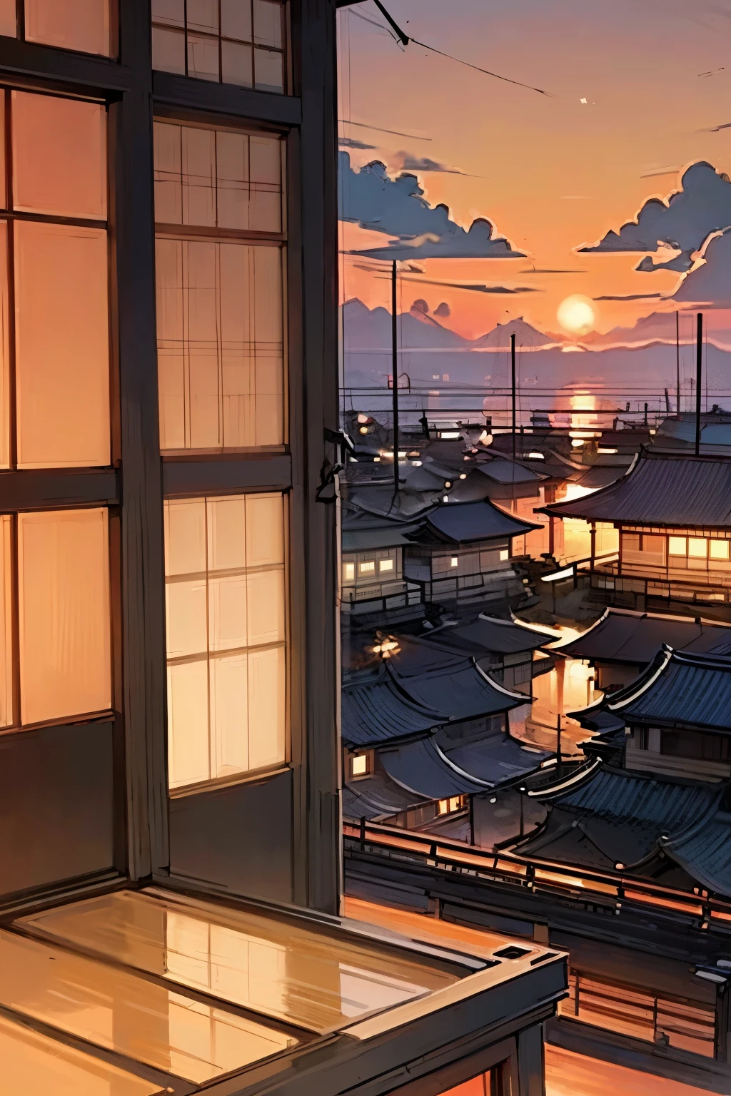 8k, haigh quality, high resolution, realistic, Japanese summer rural house, scene with Japanese wind chimes and rice fields, (zoom Japanese glass wind chimes), no person, no people, ((Paddy field)), (I can see grass and big trees, many Electric poles), ((The camera angle is from inside the house facing outside)), (The house has a garden, at the back of which many electric poles and paddy fields can be seen), (Japanese Wind chimes are hanging),((I can't see any other houses))