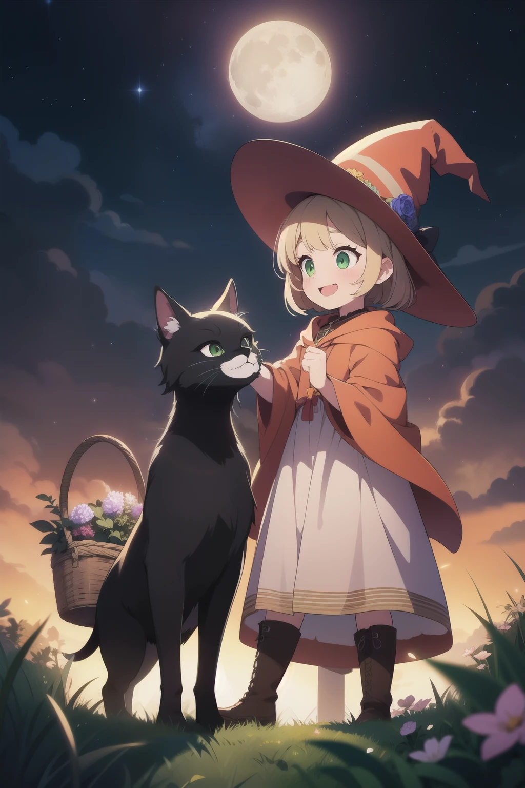 Best illustration, best quality, colorful witch around who carries a large basket containing various kinds of medicinal herbs, beige dress, orange cloak, dark brown long boots, green eyes, smile, Bluestone Pendant, night, starry sky, moon, buddy black cat, grassland, colorful flowers, extremely fine and beautiful colors, 8k resolution, amazing surprise, dynamic lighting like in movies, eye contact, highest resolution