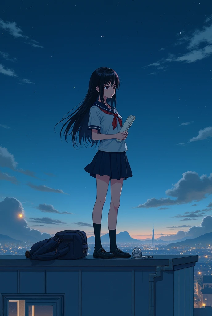 A young girl dressed in JK lies on the grass looking at the city in the distance，There is this shooting star under a starry night，There are fireflies around the girl，Forest nearby