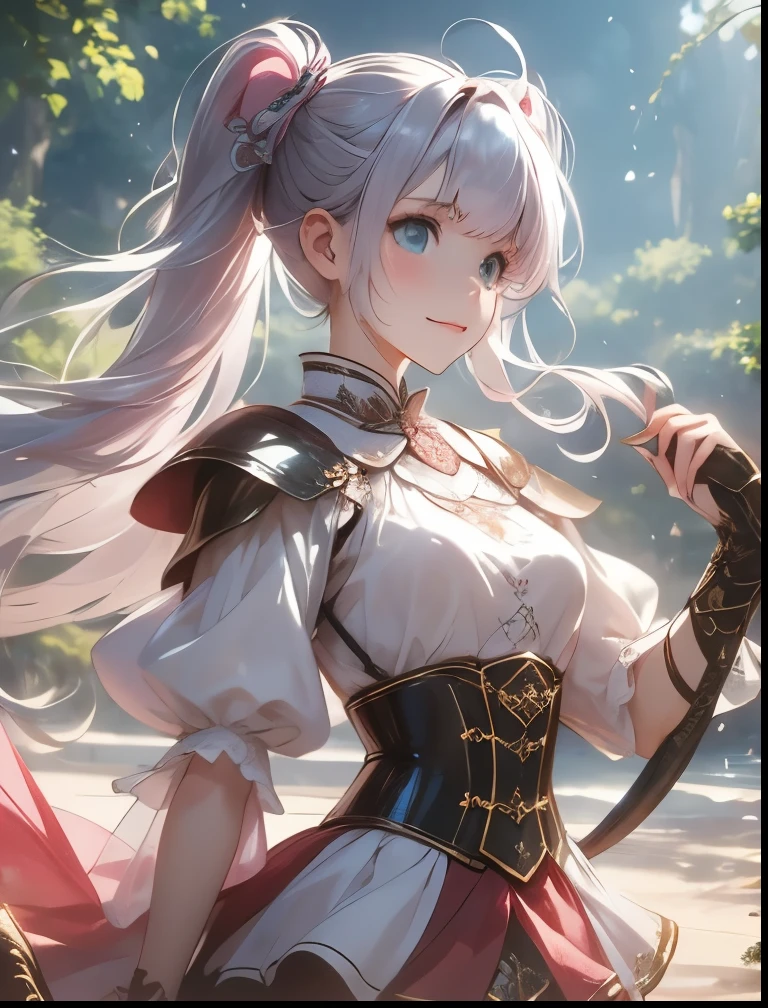 (((SFW、Precision、Highest quality、A first-class masterpiece、Normal body、8k、 Detailed Face 、Ultra-precision、 Normal hand、5refer to、Highest)))、" I said my abilities were average"、Miles、 Adele Von Askam 、Pink silver hair、Warm Beautiful Girl 、 Slender 、 twin tails、Magic Swordsman、 soft smile 、See-through mini skirt、Sword、see-through clothes