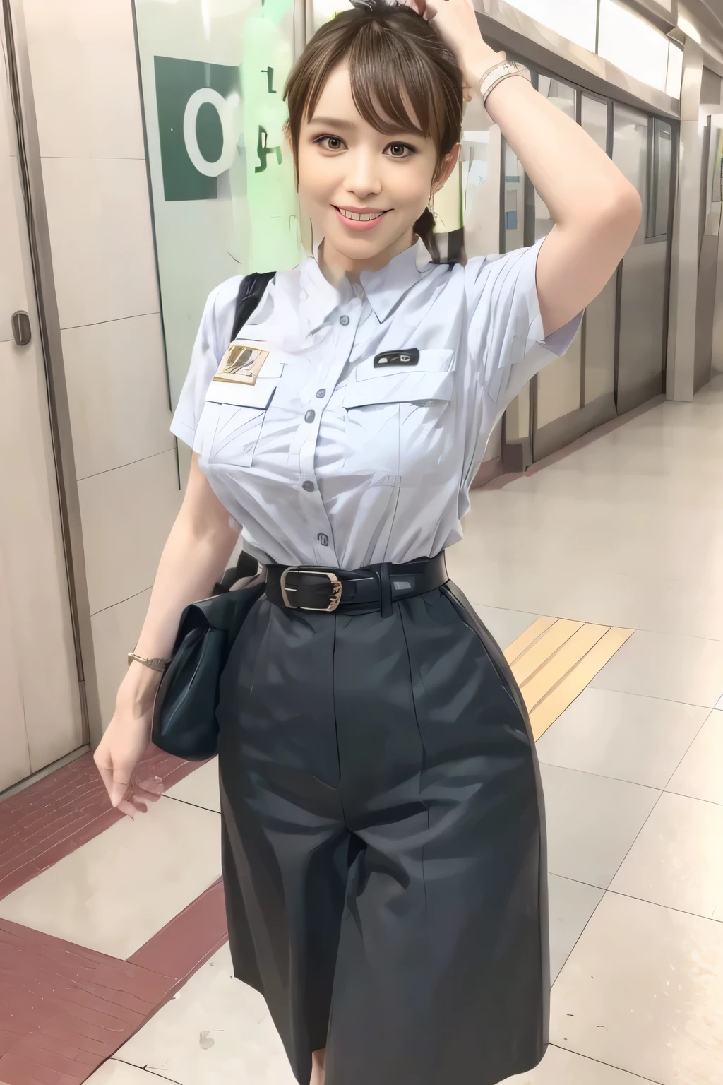 (Masterpiece:1.2, best quality :1.2), 32kHDR, high resolution, (Alone、 1 girl)、(Rooftop of a building during the day、 professional lighting)、Building rooftop background、( TOKYO SUBWAY WOMAN CREW UNIFORM REAL STYLE WOMAN CREW UNIFORM 6 )、(TOKYO SUBWAY WOMAN CREW UNIFORM BLOUSE SHORT SLEEVE 、 Knee-length culottes skirt、Waist belt)、、 dark brown hair 、( hair gathered、 hair bang)、 dark brown hair 、Long Hit、 big breasted、Thin legs、(( amazing hands:2.0)),((harmonious body proportions:1.5)),((Normal limbs:2.0)),((Usually refers to:2.0)),(( Delicate Eyes:2.0)),((Normal eyes:2.0)))、smile、(Tokyo Subway woman crew uniform Knee-length culottes skirtを見せた美しい立ち姿) 、Hands crossed underneath