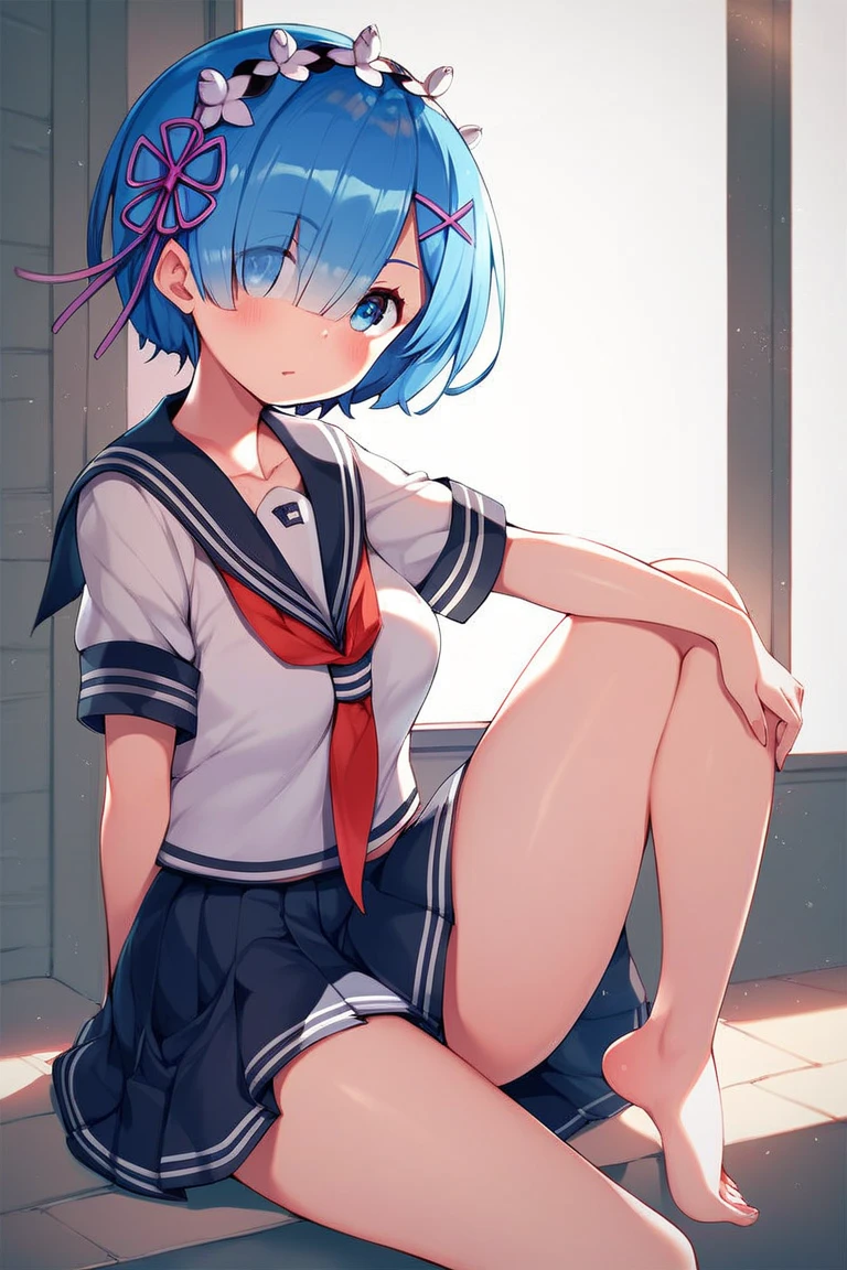 (masterpiece:1.5) (best quality:1.5), ultra-detailed, 8k, extreme detailed eyes, 1girl, :p, aqua_hair, barefoot, blue_eyes, blue_serafuku, braid, chair, collarbone, colored_inner_hair, hair_ornament, hair_over_one_eye, hairband, knees_together_feet_apart, leaning_forward, long_bangs, long_sleeves, looking_at_viewer, multicolored_hair, pleated_skirt, serafuku, short_hair, sidelocks, single_braid, sitting, skirt, solo, toes, tongue, tongue_out, two-tone_hair, v_arms, white_skirt