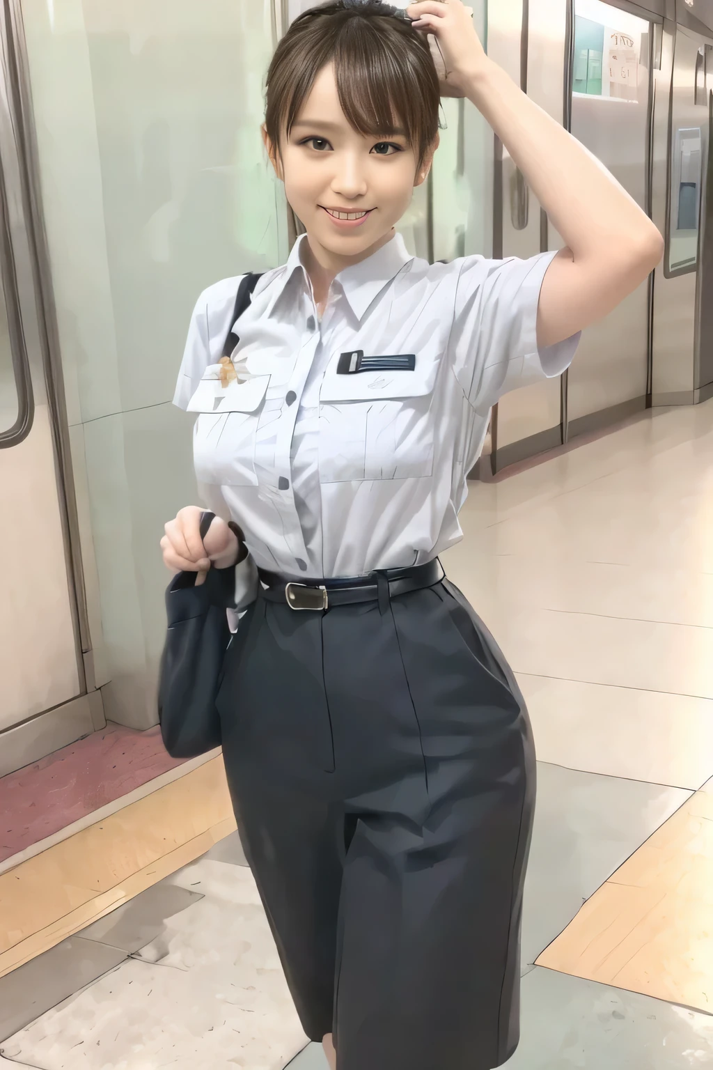 (Masterpiece:1.2, best quality :1.2), 32kHDR, high resolution, (Alone、 1 girl)、(Rooftop of a building during the day、 professional lighting)、Building rooftop background、( TOKYO SUBWAY WOMAN CREW UNIFORM REAL STYLE WOMAN CREW UNIFORM 6 )、(TOKYO SUBWAY WOMAN CREW UNIFORM BLOUSE SHORT SLEEVE 、 Knee-length culottes skirt、Waist belt)、、 dark brown hair 、( hair gathered、 hair bang)、 dark brown hair 、Long Hit、 big breasted、Thin legs、(( amazing hands:2.0)),((harmonious body proportions:1.5)),((Normal limbs:2.0)),((Usually refers to:2.0)),(( Delicate Eyes:2.0)),((Normal eyes:2.0)))、smile、(Tokyo Subway woman crew uniform Knee-length culottes skirtを見せた美しい立ち姿) 、Hands crossed underneath