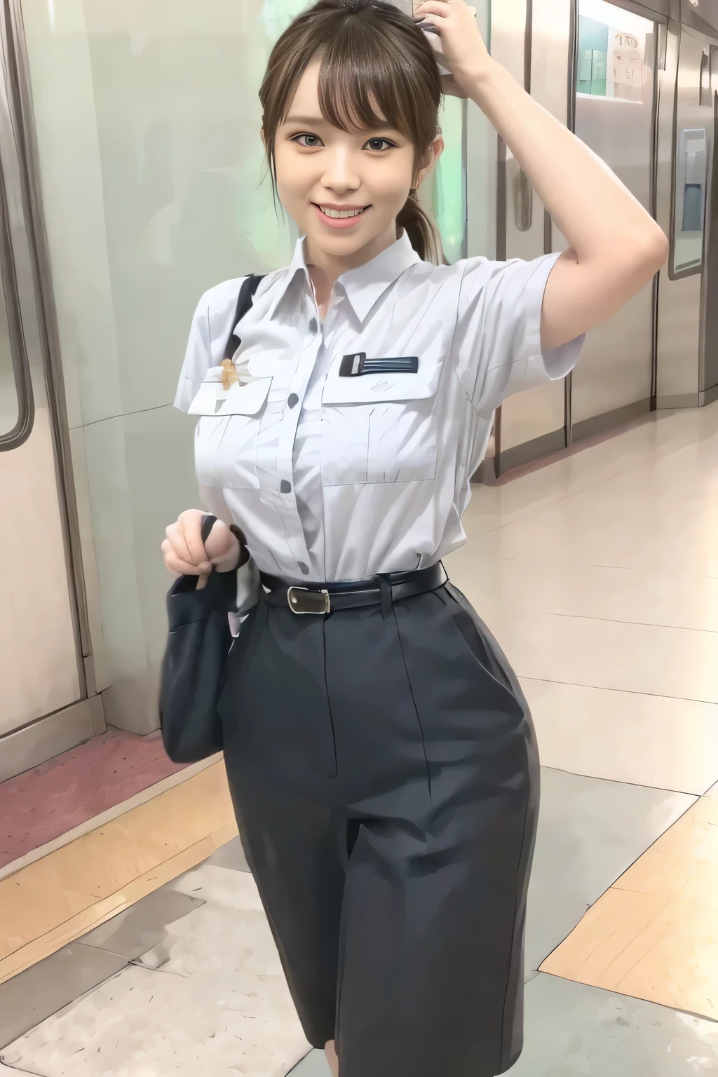(Masterpiece:1.2,  best quality :1.2), 32kHDR,  high resolution, (Alone、 1 girl)、（Rooftop of a building during the day、 professional lighting）、Building rooftop background、（ TOKYO SUBWAY WOMAN CREW UNIFORM REAL STYLE WOMAN CREW UNIFORM 6 ）、（TOKYO SUBWAY WOMAN CREW UNIFORM BLOUSE SHORT SLEEVE  、 Knee-length culottes skirt、Waist belt）、、 dark brown hair 、（ hair gathered、 hair bang）、 dark brown hair 、Long Hit、 big breasted、Thin legs、（（ amazing hands：2.0）），（（harmonious body proportions：1.5）），（（Normal limbs：2.0）），（（Usually refers to：2.0）），（（ Delicate Eyes：2.0）），（（Normal eyes：2.0））)、smile、（Tokyo Subway woman crew uniform Knee-length culottes skirtを見せた美しい立ち姿） 、Hands crossed underneath 

