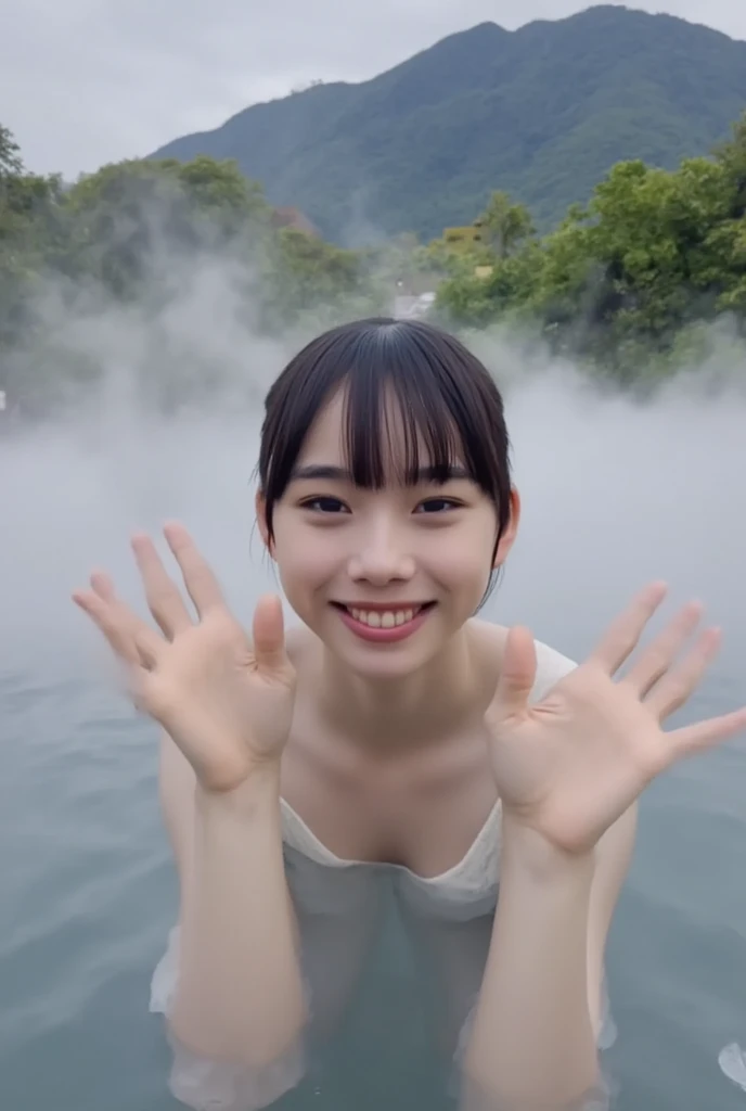 cute, 15歳のアイドルのようにcute日本人少女、Smiling Kindly、Cleavage、bikini、camp site、Playing in the water in the stream、((whole bodyずぶ濡れ))、whole body、RAW Photos、Genuine、Genuine、realism、High resolution