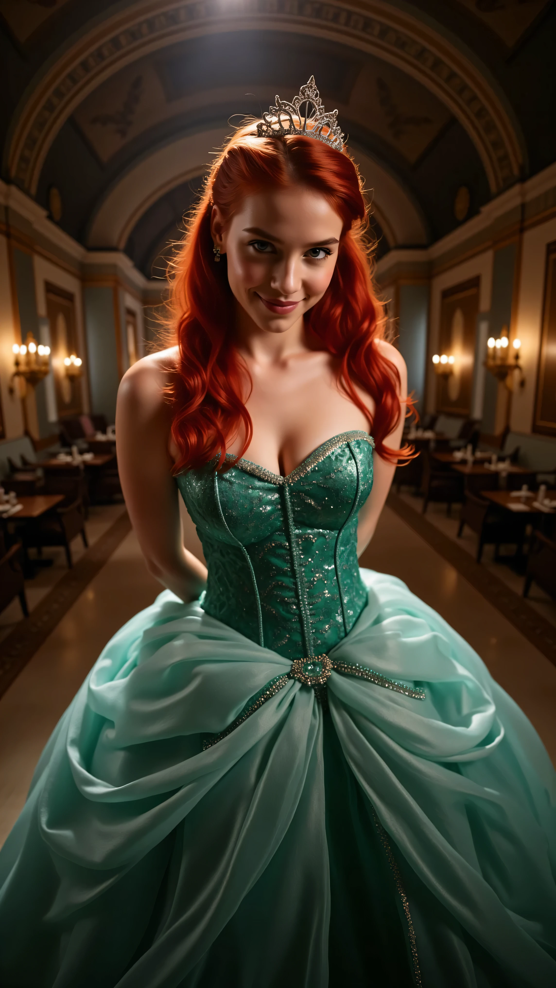 Very Close-up high angle portrait with a fish eye lens of a busty figure, a young teen in a ariel costume with her bursting out of the bodice, the bodice is too small for her , ornate ball gown, ((18 years old with tiny ; Disney princess Ariel costume; glued to the body; beautiful and elegant; tiny ; red hair swept to the side))) and piercing gaze, standing in a dimly lit palace room with ornate designs and a high ceiling, with just a hint of early morning sunlight peeking through the windows. She stands firm, hands clasped behind her back, as she gives a slight smile. The lighting in the room is dim with a lot focus on her tiny