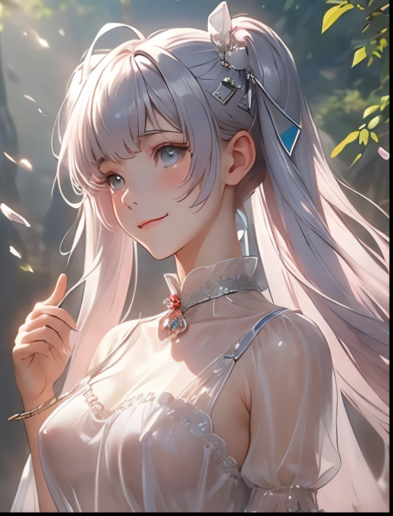 （（（ＳＦＷ、Precision、Highest quality、A first-class masterpiece、Normal body、8k、  Detailed Face 、Ultra-precision、 Normal hand、５refer to、Highest）））、" I said my ability was average"、Miles、 Adele Von Askam 、Pink silver hair、Warm Beautiful Girl 、 Slender 、 twin tails、Magic Swordsman、 soft smile 、 underwear transparent transparent word、transparent nipple clothing 、Shyly blush and smile 、The Fall of Slaves、lead slave collar