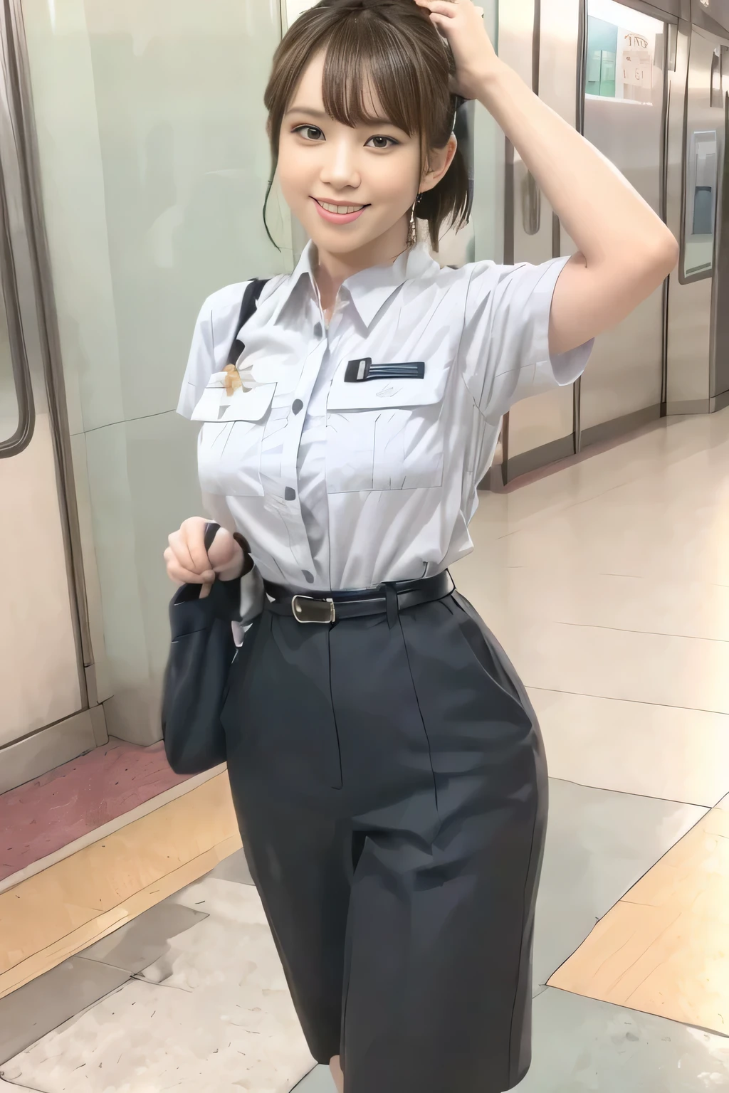 (Masterpiece:1.2, best quality :1.2), 32kHDR, high resolution, (Alone、 1 girl)、(Rooftop of a building during the day、 professional lighting)、Building rooftop background、( TOKYO SUBWAY WOMAN CREW UNIFORM REAL STYLE WOMAN CREW UNIFORM 6 )、(TOKYO SUBWAY WOMAN CREW UNIFORM BLOUSE SHORT SLEEVE 、 Knee-length culottes skirt、Waist belt)、、 dark brown hair 、( hair gathered、 hair bang)、 dark brown hair 、Long Hit、 big breasted、Thin legs、(( amazing hands:2.0)),((harmonious body proportions:1.5)),((Normal limbs:2.0)),((Usually refers to:2.0)),(( Delicate Eyes:2.0)),((Normal eyes:2.0)))、smile、(Tokyo Subway woman crew uniform Knee-length culottes skirtを見せた美しい立ち姿) 、Hands crossed underneath