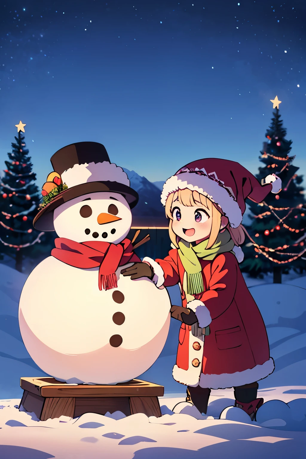 A family is making a snowman in their backyard. They are wearing winter clothes and gloves,and they have a carrot,a scarf,and a hat for the snowman. They are having fun as they roll the snowballs,stack them up,and decorate the snowman. The backyard is white and snowy,and there are some trees and birds around.,8k cg wallpaper, best quality, high resolution, cinematic lighting, extremely fine colors ,christmas background ,perspective ,masterpiece, best quality, high resolution, 