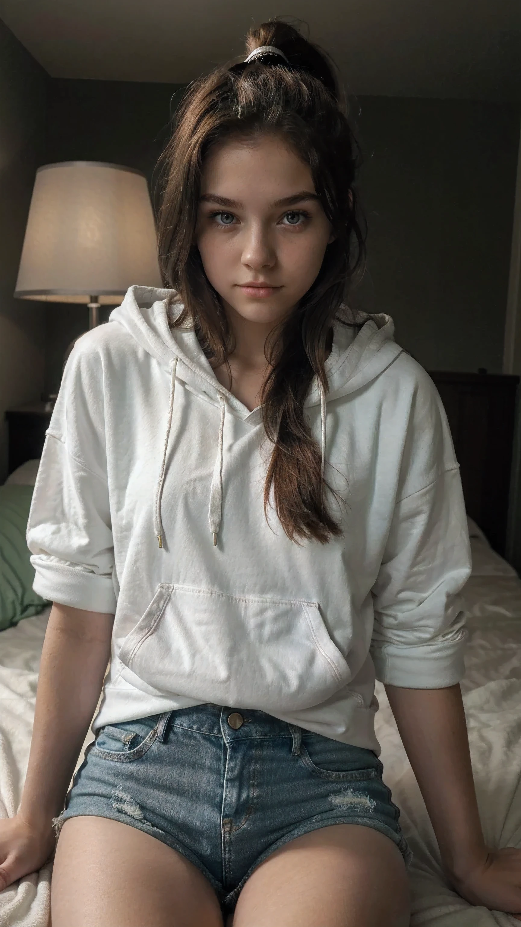 hire, sunlight, Backlight, ((cinematic light, ray tracing)), (masterpiece),((super detailed)), (Detailed CG illustration), (highest quality:1.2),(1 girl:1.2),fine texture, intricate details, fine texture, high quality shadow, realistic expression of face, Detailed Beautiful and Delicate Face, Fine, beautiful and delicate eyes, brown eye pupil, perfectly proportioned face, Depth of bounds written, perspective,20th generation, glossy lips, perfect body, Medium chest, clear_image, focus only, (brown hair), (((Perm Straight Hairstyles))), (Finely drawn beautiful eyes and detailed face), light source contrast, ((medium hair)), 21 years old, Background of the hallway seen from the entrance, Medium chests,((Opening the Door)),((ladies shorts)),((Polka dot camisole for kids)),((blanket fabric hoodie)),