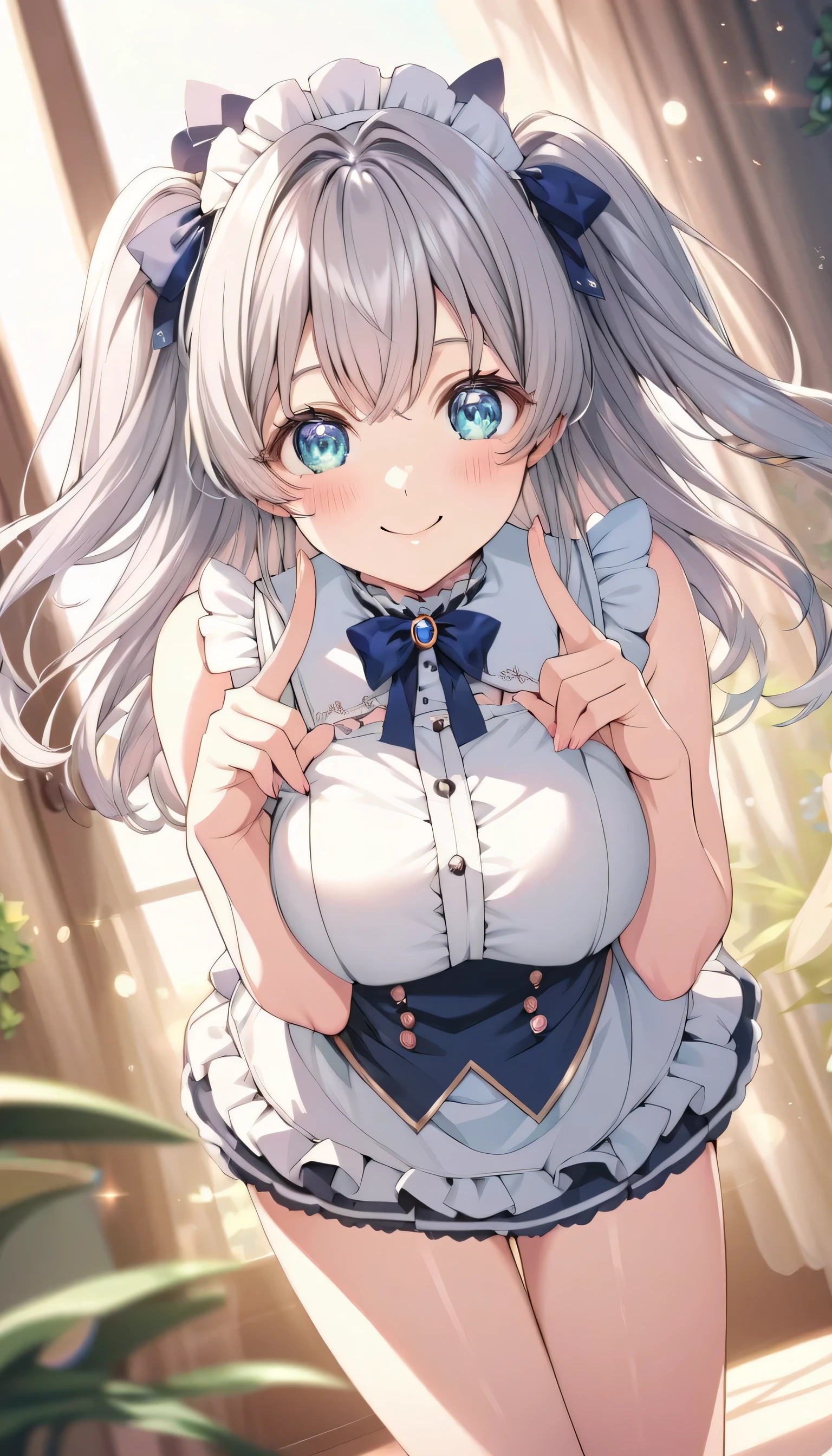 ((ultra-detailed)),   (highly detailed CG illustration),  (best quality:1.2),  ultra-highly detailed,  colorful composition, artistic photoshoot, 1girl, solo focus,  ((thigh to top:1.4)), ((cowboy shot:1.4)), moe anime character,  girl, dainty facial structure, (baby fand face), ((rounded chin:1.2)), ((ideal ratio body proportions)), celia-default, celia claire, (blue eyes), sparkle eyes, silver hair color, two side up, (deep royal blue and white strips hair ribbon), french maid uniform, maid headdress, open clothes, white frilled chichi-bukuro, huge breasts, deep royal blue neck bow with ruby jewelry, standing by the window in a room decorated in rococo style, dynamic pose, high angle, expecting, pink cheek, blush, light pink gloss slip, portrait, depth of field, soft lighting, sidelighting, (shine), lighting, caustics, ray tracing, smile, perfect face, lustrous skin, highly  detailed face, highly detailed eyes, perfect face, perfect nose, perfect hair, perfect eyes, perfect anatomy, beautiful hair, beautiful small face, extremely detailed face, beautiful detailed eyes, beautiful clavicle, beautiful body, beautiful huge breasts, leavage, breasts squeezed together, equalize the size of the left and right breasts, beautiful thin thighs,  beautiful legs, beautiful fingers, 4 fingers, 1 thumb, lovely, (very detailed background:1.0), (highly detailed background:1.0), spring aesthetic, intricate details, joyful atmosphere, spring colors palette, chromatic aberration