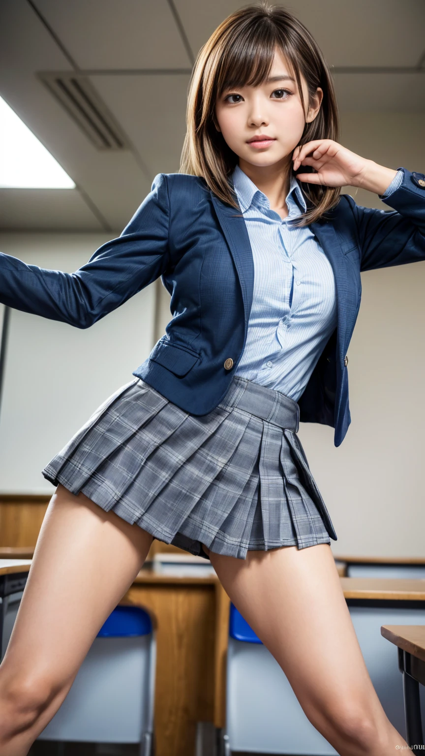 (reality: 1.4),highest quality, masterpiece, high detail, 16K quality, beautiful, 1 beautiful girl,japanese,super beautiful face,baby face,detailed face,beautiful skin,oily skin,big eyes,profeccional lighting,black hair,medium hair,brown beautiful eyes, wet skin,white blouse,see-through nipples,(checked mini skirt),white panties,(Flirtingly lifting her skirt to show her panties:1.3),(from bottom:1.3)black high socks, (spread legs), big breasts, blush, she is looking at the camera, smile, classroom, blue sky,nsfw,from front,standing,