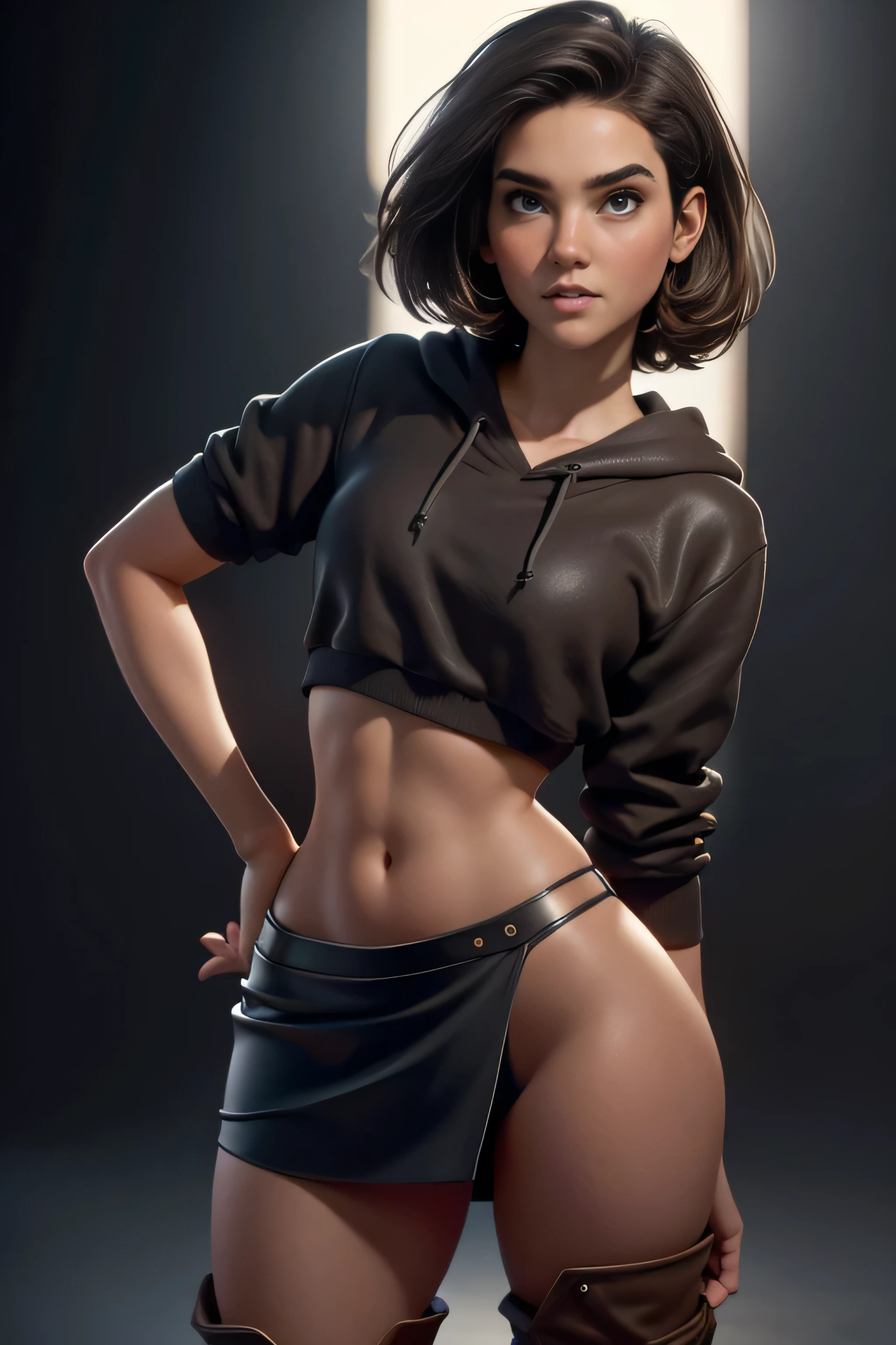 young woman, short brown hair, brown eyes, blue tube top , Black miniskirt, knee-length brown boots , gray hoodie sweatshirt, magnificent anatomy , Dynamic Pose , face to the camera, masterpiece , super detail, lyrics, composition epic character, natural lighting , sharp focus, ultra resolution , plain white background , without patterns, No textures.