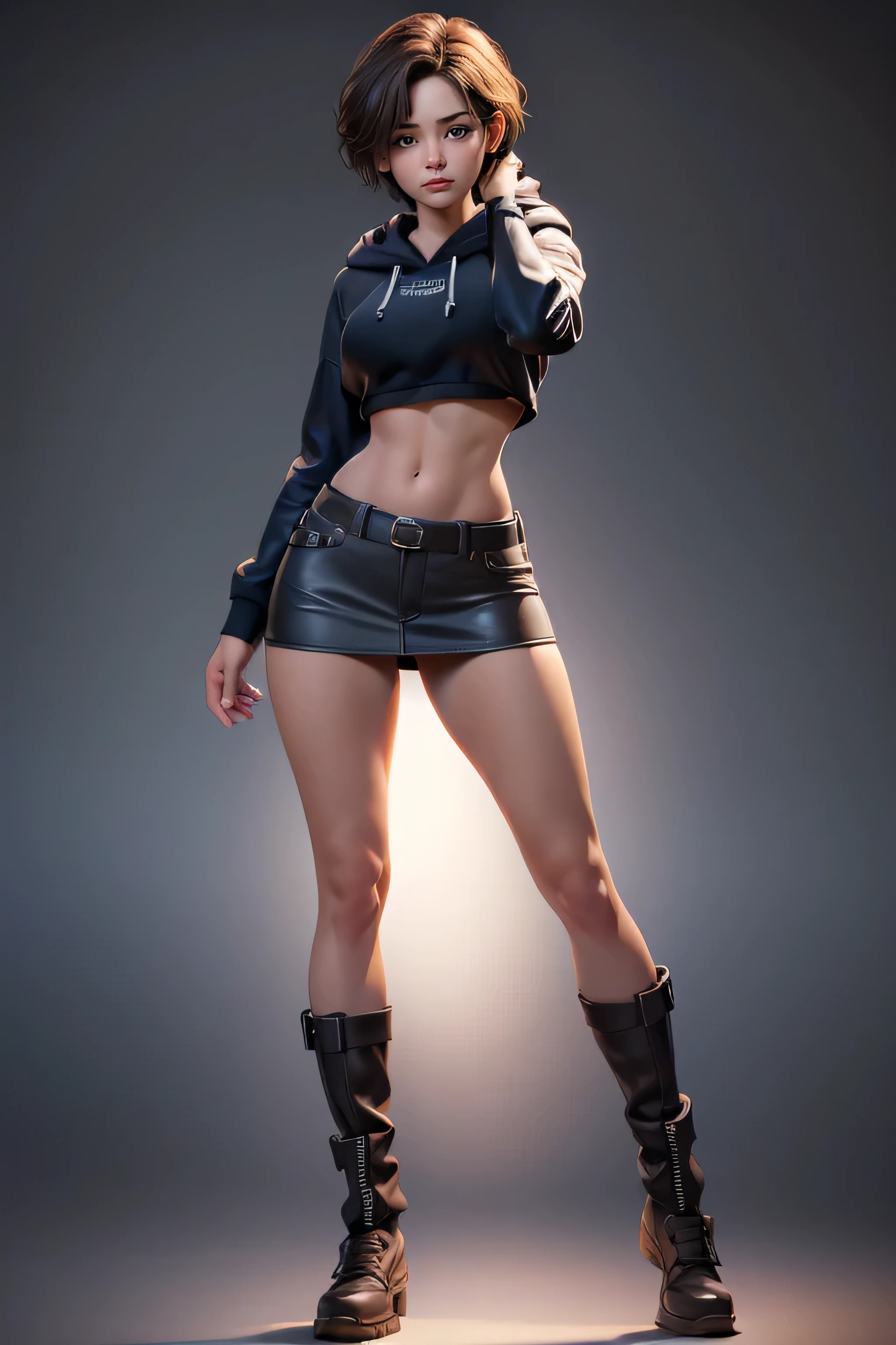 young woman, short brown hair, brown eyes, blue tube top , Black miniskirt, knee-length brown boots , gray hoodie sweatshirt, magnificent anatomy , Dynamic Pose , face to the camera, masterpiece , super detail, lyrics, composition epic character, natural lighting , sharp focus, ultra resolution , plain white background , without patterns, No textures.