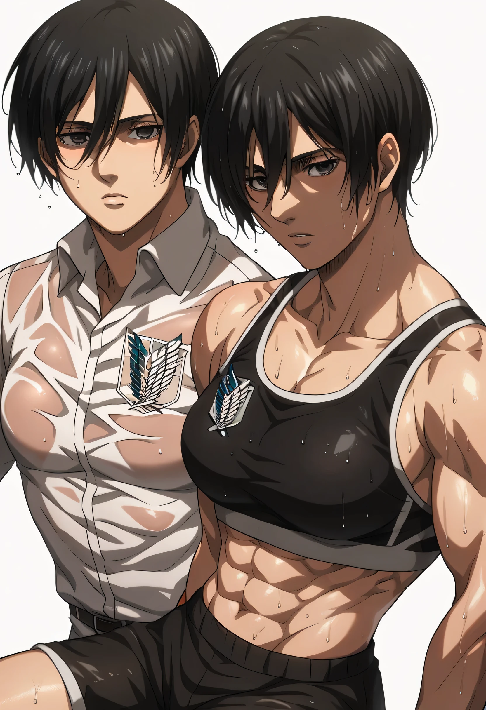 score_9, score_8_up, score_7_up, BREAK source_anime, mature mikasa ackerman, black eyes, black hair, short hair, wearing with black sport bra and black sport shorts,,pelvis muscles,Shining six-pack,wet body and clothes,shingeki_no_kyojin_style