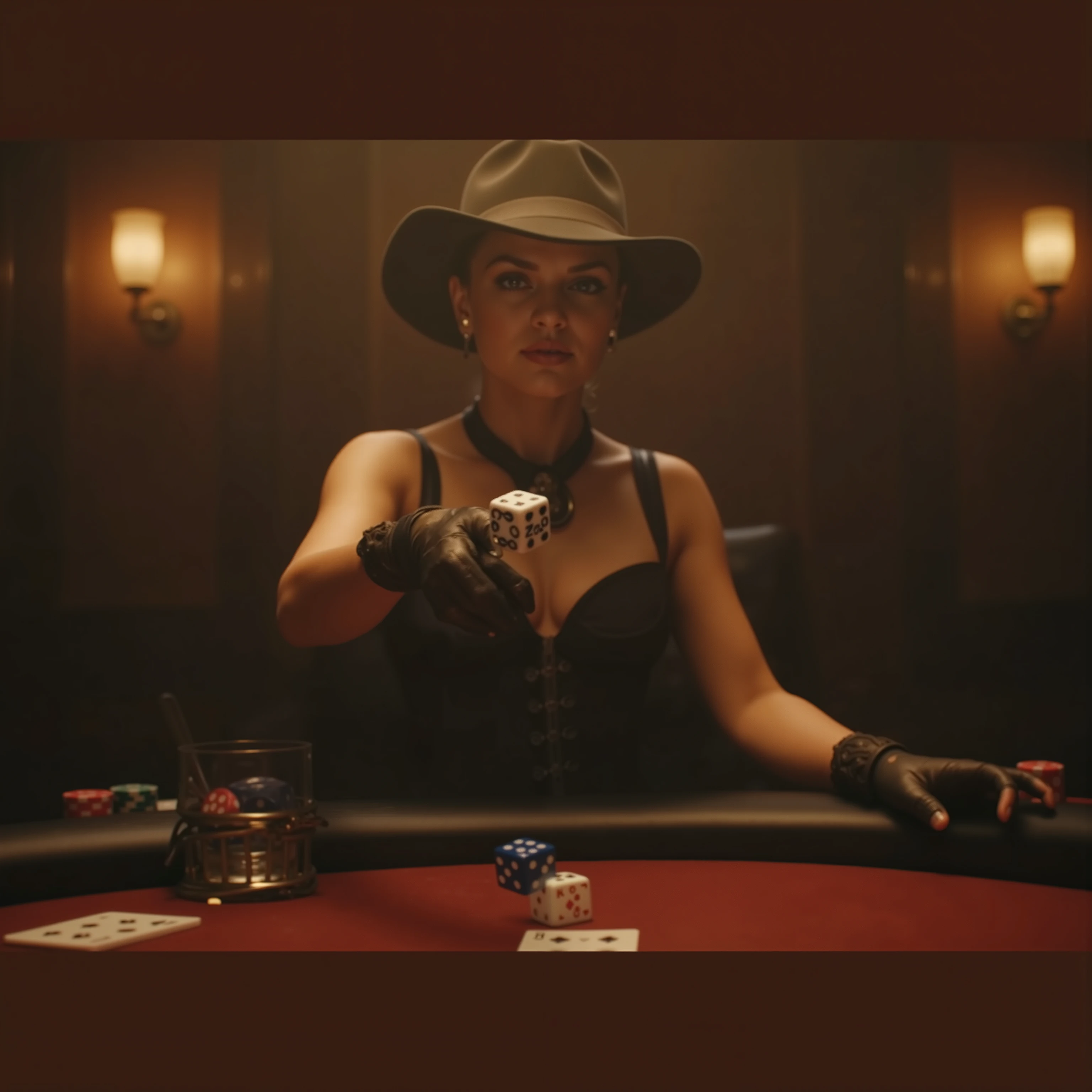 quality and details :
(8k, HD, ultra-detailed , photorealistic, masterpiece: 1.3), ( dramatic lighting , soft textures , cinematic atmosphere ).
scene and lighting :
In a smoky back room of an illegal casino, a woman drops two 10-sided dice from her hand onto a poker table — a bright blue, the other knows .
The focus is on the moment , in which the cubes are out of their hand Glide and float just above the table , While cards , chips and glasses enliven the scene .
The woman is well lit : concealed , warm Spotlights immerse them in a golden light , that sets her apart from the smoky background .
character and atmosphere :
The woman is wearing a stylish Western-inspired outfit with a modern twist — a tight corset , plus a matching hat and elegant gloves .
Her gaze is concentrated , controls her posture casually , yet , as she drops the dice .
Stil und Inspiration:
An exciting , Realistic scene, which combines the dynamics of the cubes with the mysterious , smoky atmosphere of a secret game . Every moment is full of details , from the falling cubes to their stylish appearance .