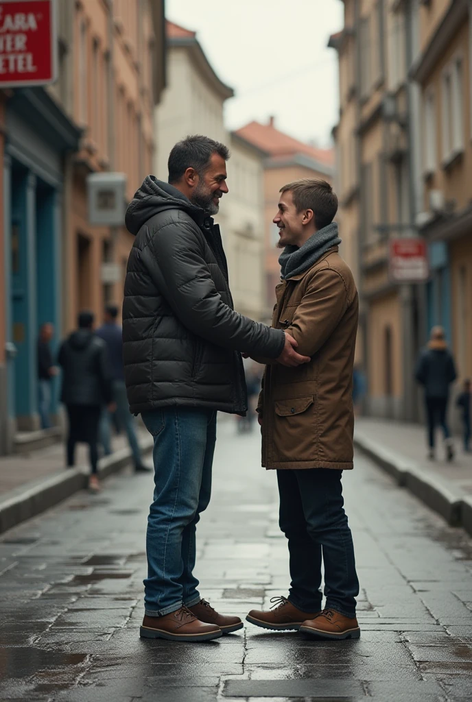 2 handsome men hugging each other lovingly in town square,in night, cinematic lighting, masterpiece, (detailed face), smiling